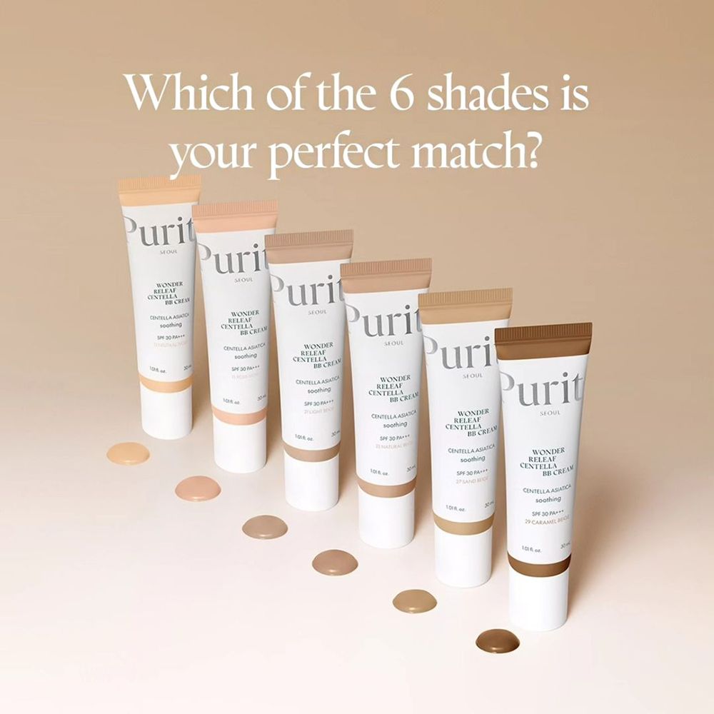 Sei tubi di PURITO Wonder Releaf Centella BB Cream in diverse tonalità. Campioni di colore sotto. Testo: Quale delle 6 tonalità è perfetta?