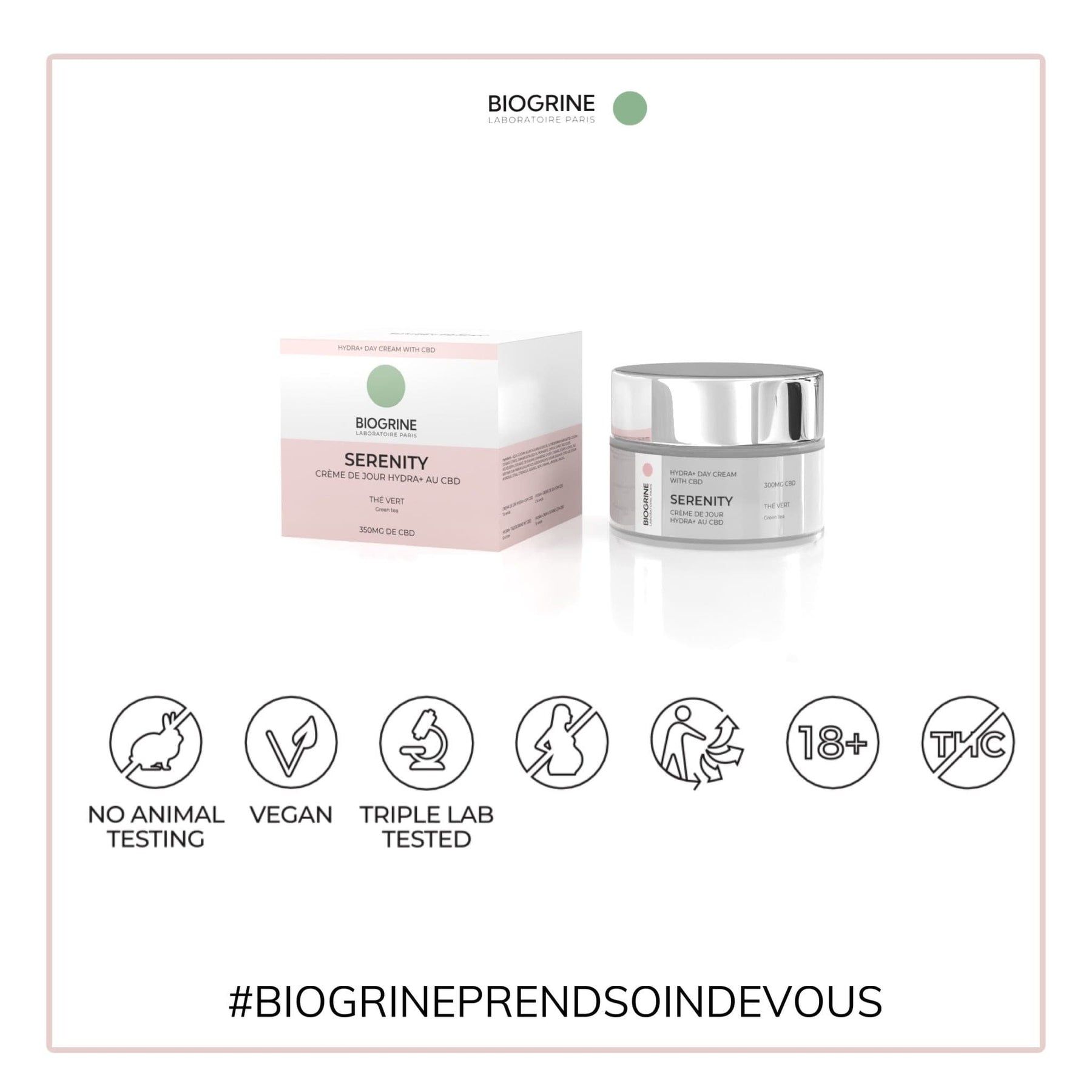 Vaso di crema e confezione. Loghi: Vegan, Triple Lab Tested, 18+, senza THC. Testo: Serenity.
