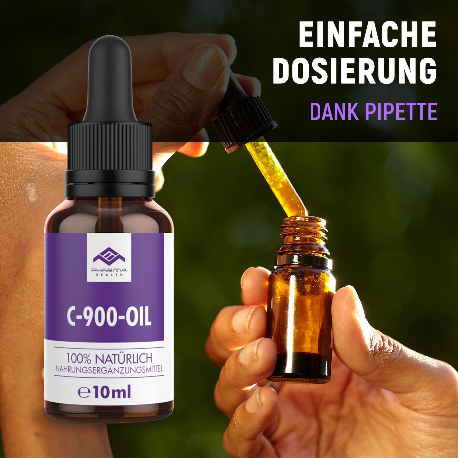 Flacone del prodotto con contagocce. L'etichetta riporta "C-900-OIL". Una mano versa olio in un piccolo flacone.
