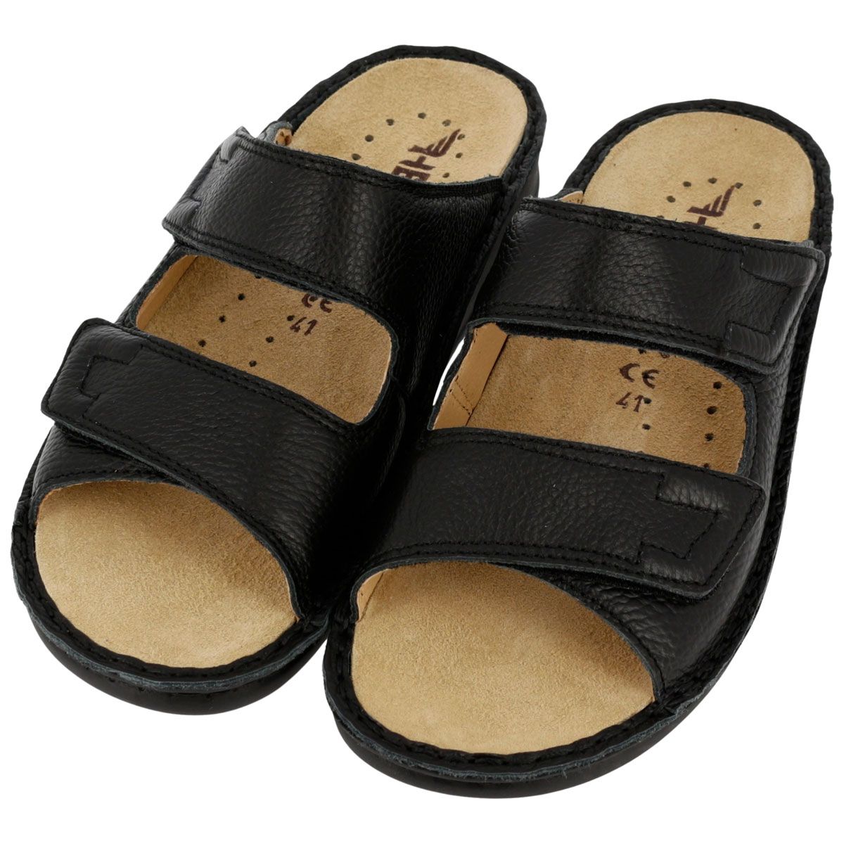 Sandali neri con due chiusure a strappo. Sottopiede beige, logo visibile. Aspetto pelle.