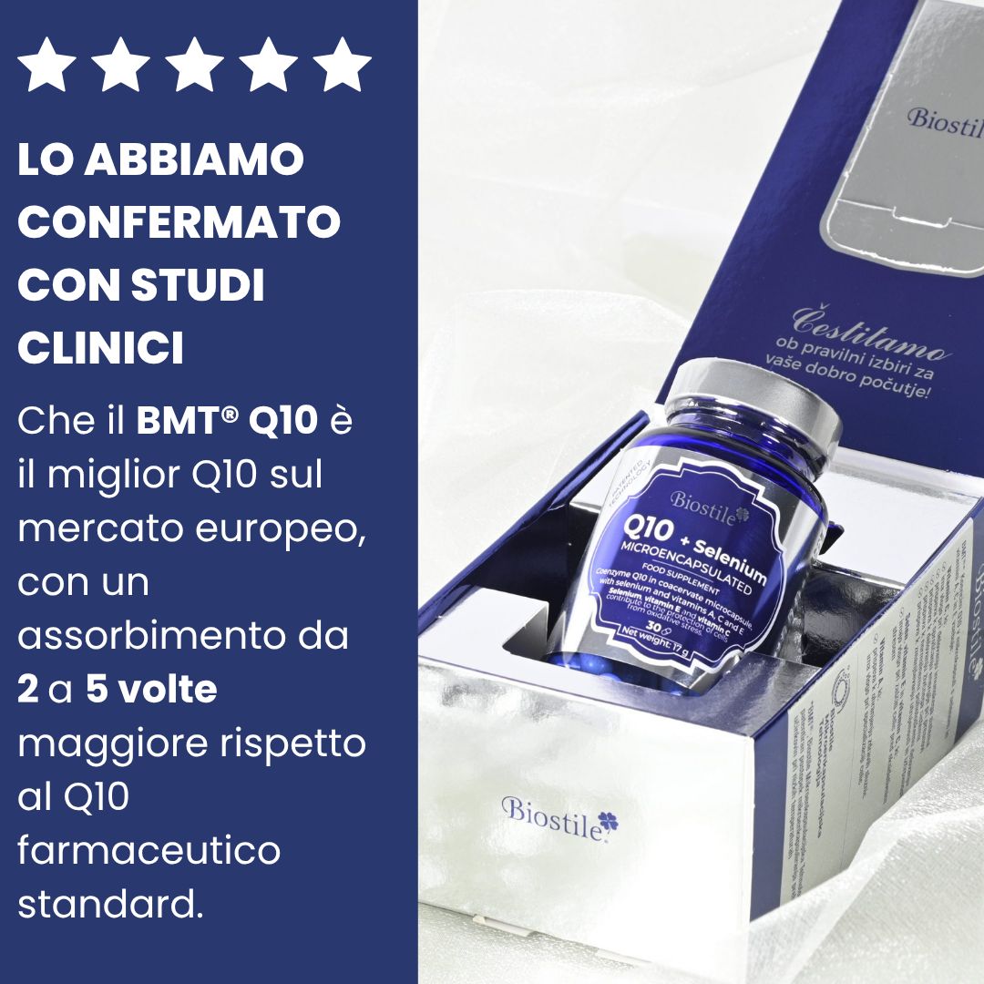 Confezione e bottiglia del prodotto. Testo: BMT Q10 + Selenium Microencapsulated. Testo in italiano. Stelle e testo.