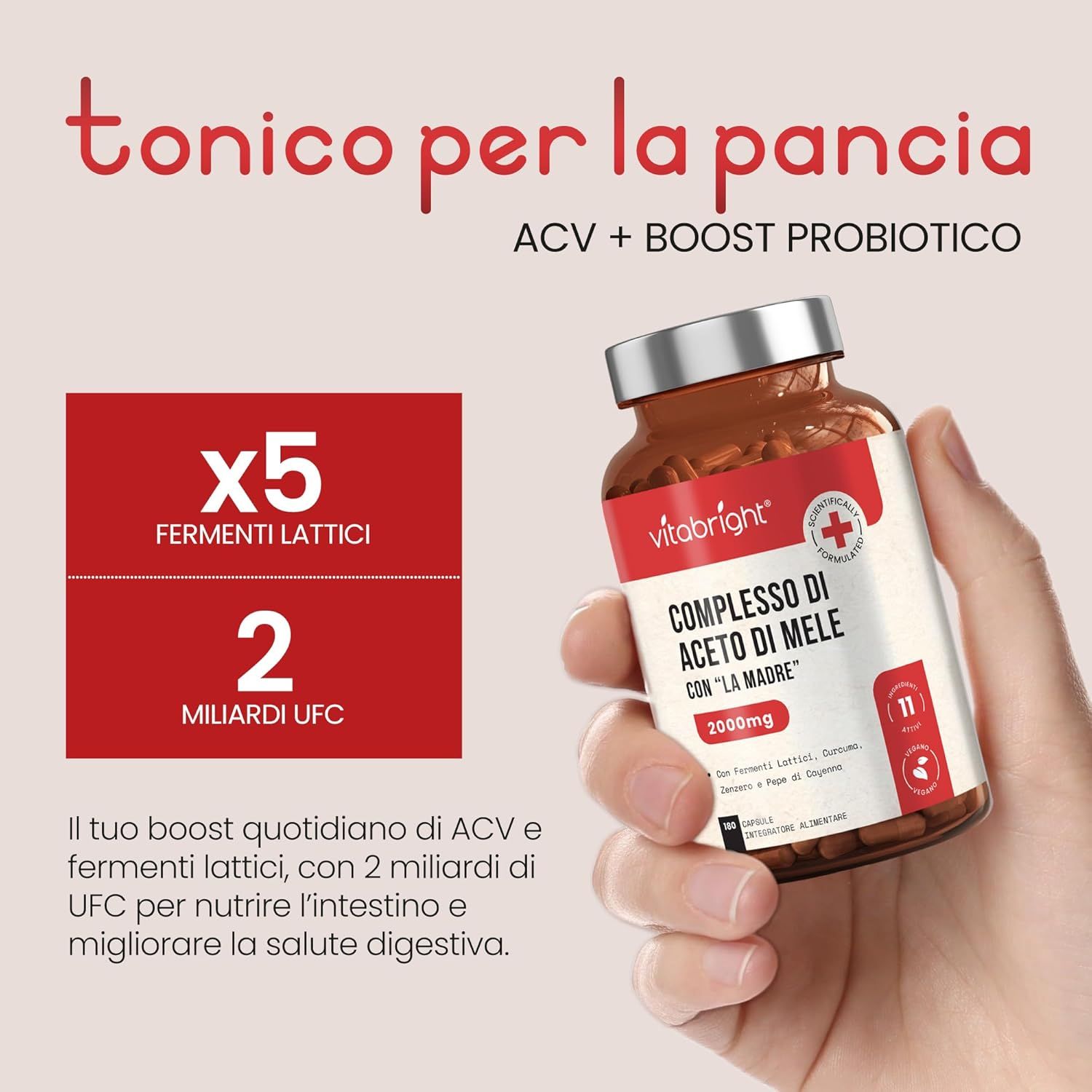 Mano che tiene un flacone di capsule VitaBright. Testo: x5 Fermenti Lattici, 2 miliardi di UFC. Tonico per la pancia.