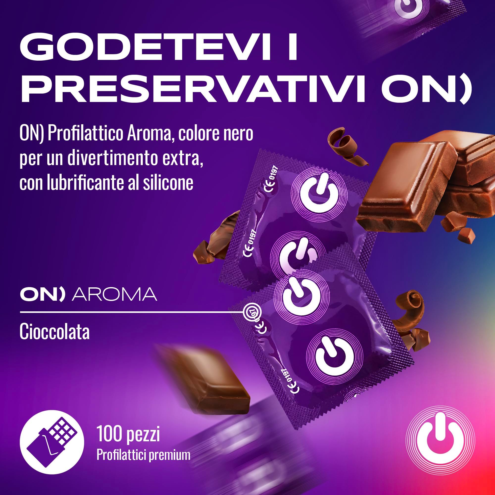 Preservativi ON) Cioccolato, neri, 100 pezzi in busta.