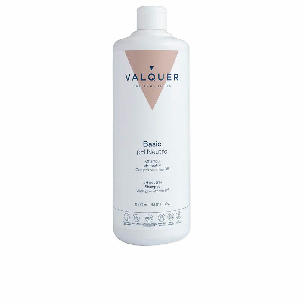 Flacone bianco con scritta: Basic pH Neutro Shampoo, con Pro-Vitamina B5. Marchio Valquer.