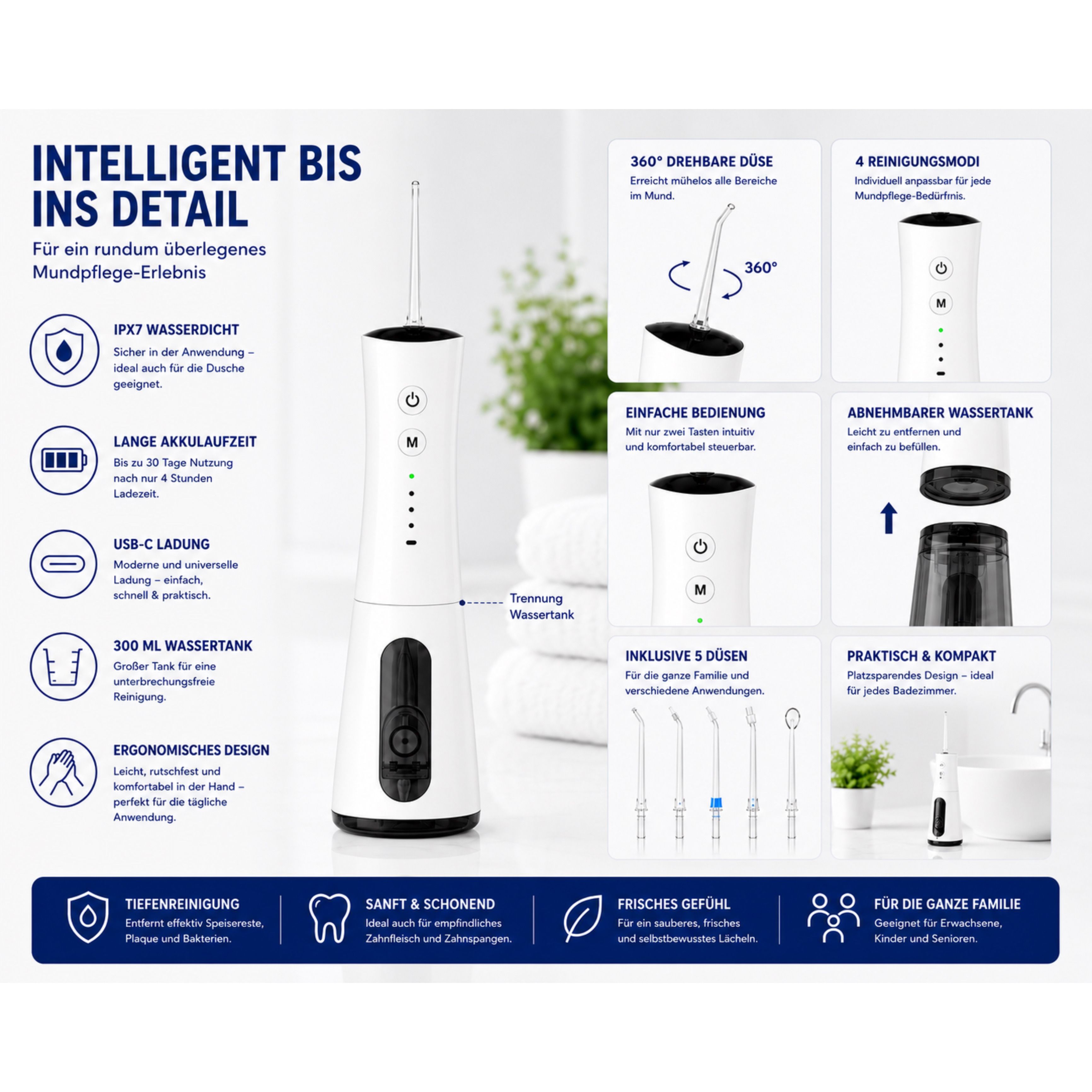 Idropulsore AquaPulse: impermeabile IPX7, ricarica USB-C, serbatoio 300ml, design ergonomico, 4 modalità, serbatoio rimovibile.