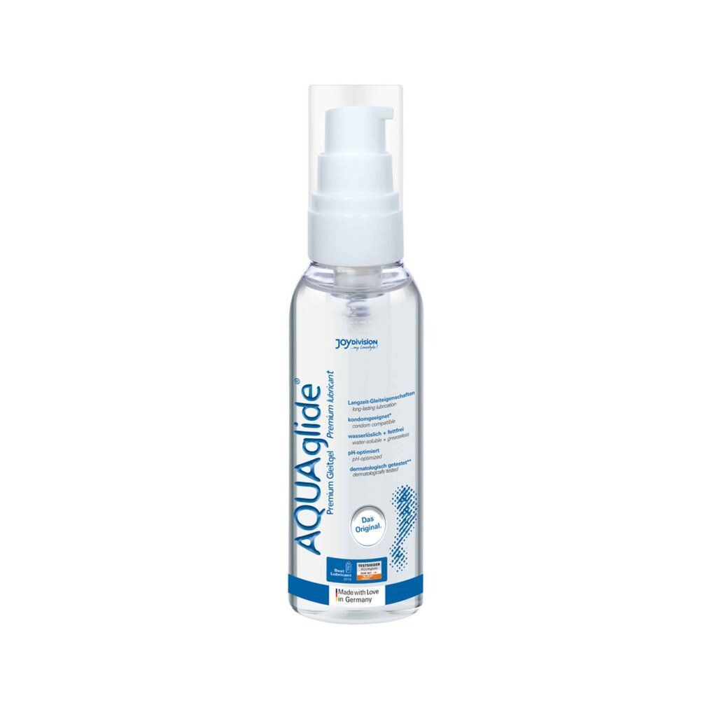 Flacone trasparente con dosatore bianco. Scritta AQUAglide, gel premium. 'Das Original' e marchio di qualità.