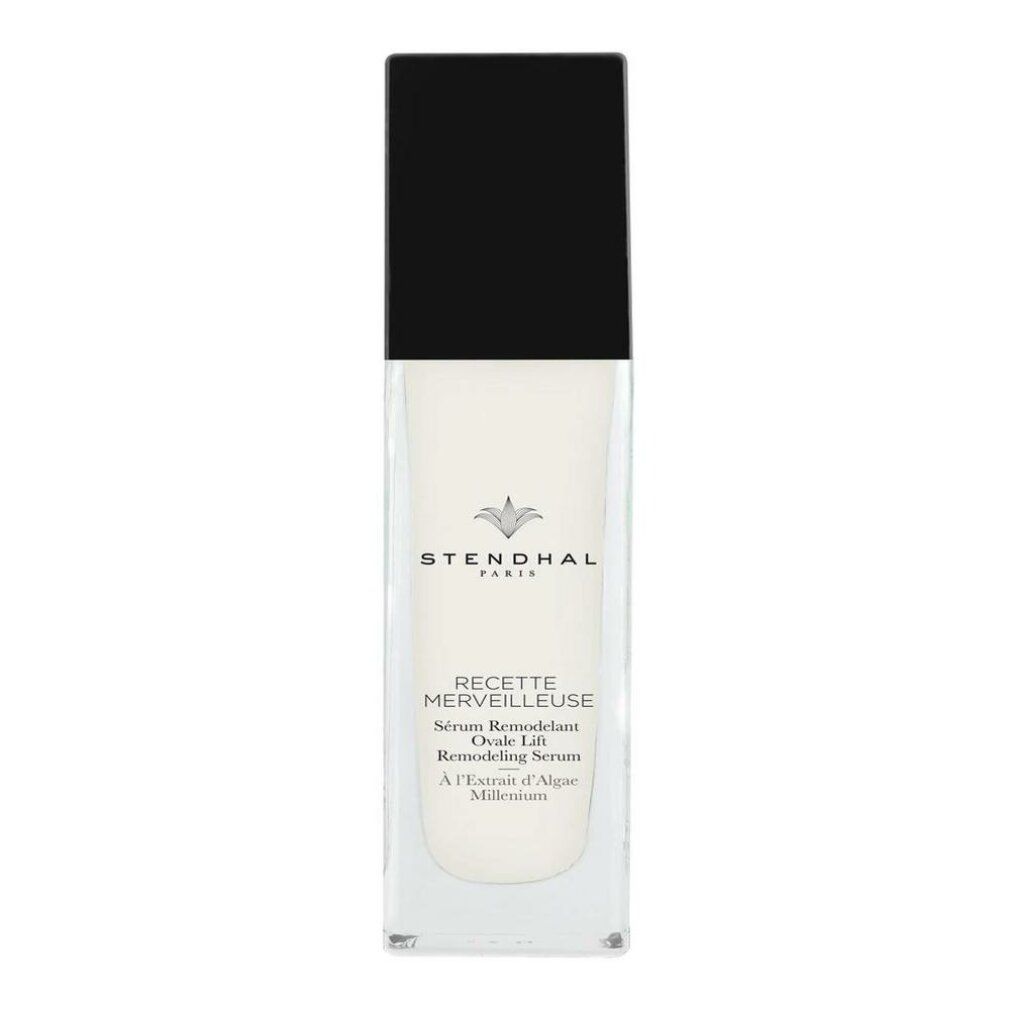 Siero cosmetico in flacone rettangolare con tappo nero. Scritta: Stendhal Paris, Recette Merveilleuse, Sérum Rimodellante Ovale Lift.