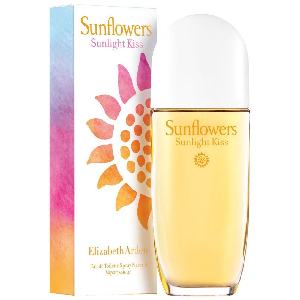 Elizabeth Arden Sunflowers Sunlight Kiss. Flacone e confezione. Flacone con tappo bianco. Design girasole sulla confezione.
