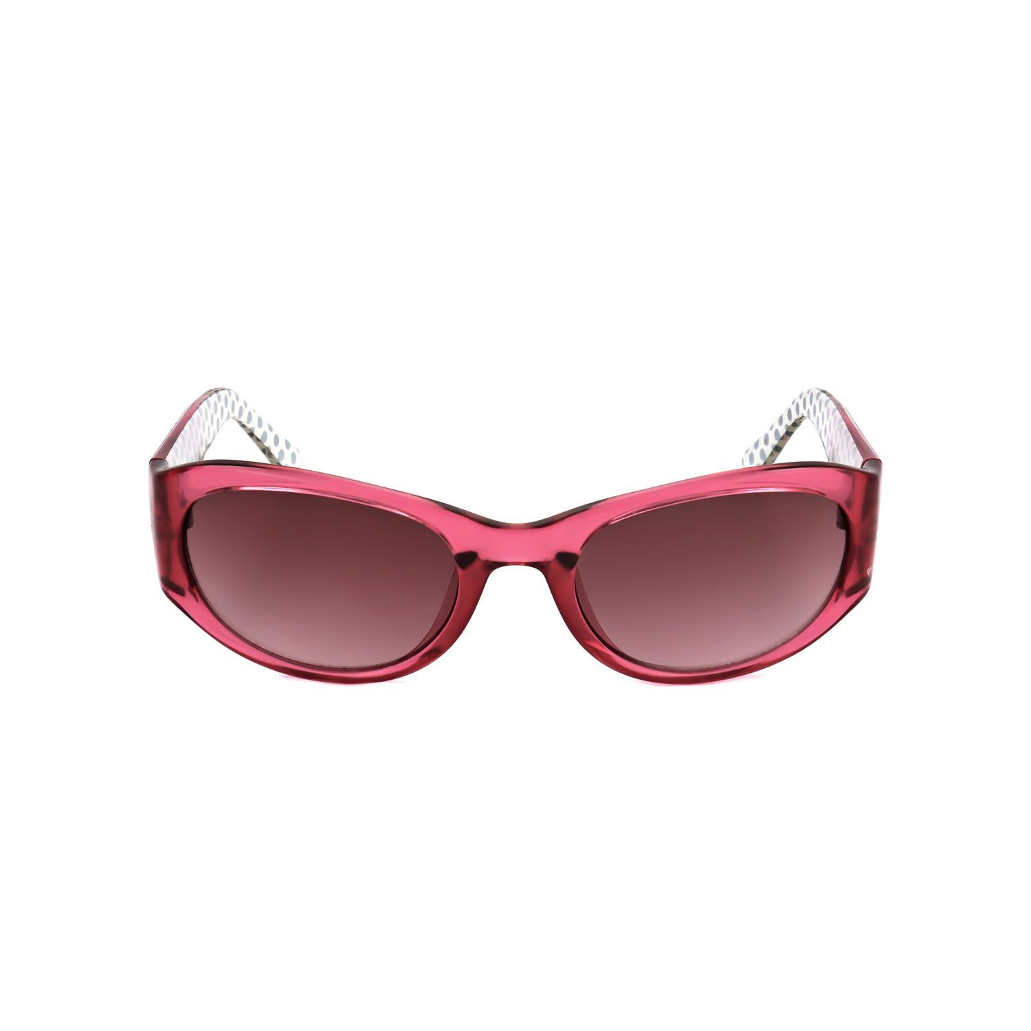 Occhiali da sole rosa con montatura larga e lenti sfumate. Aste con motivo.
