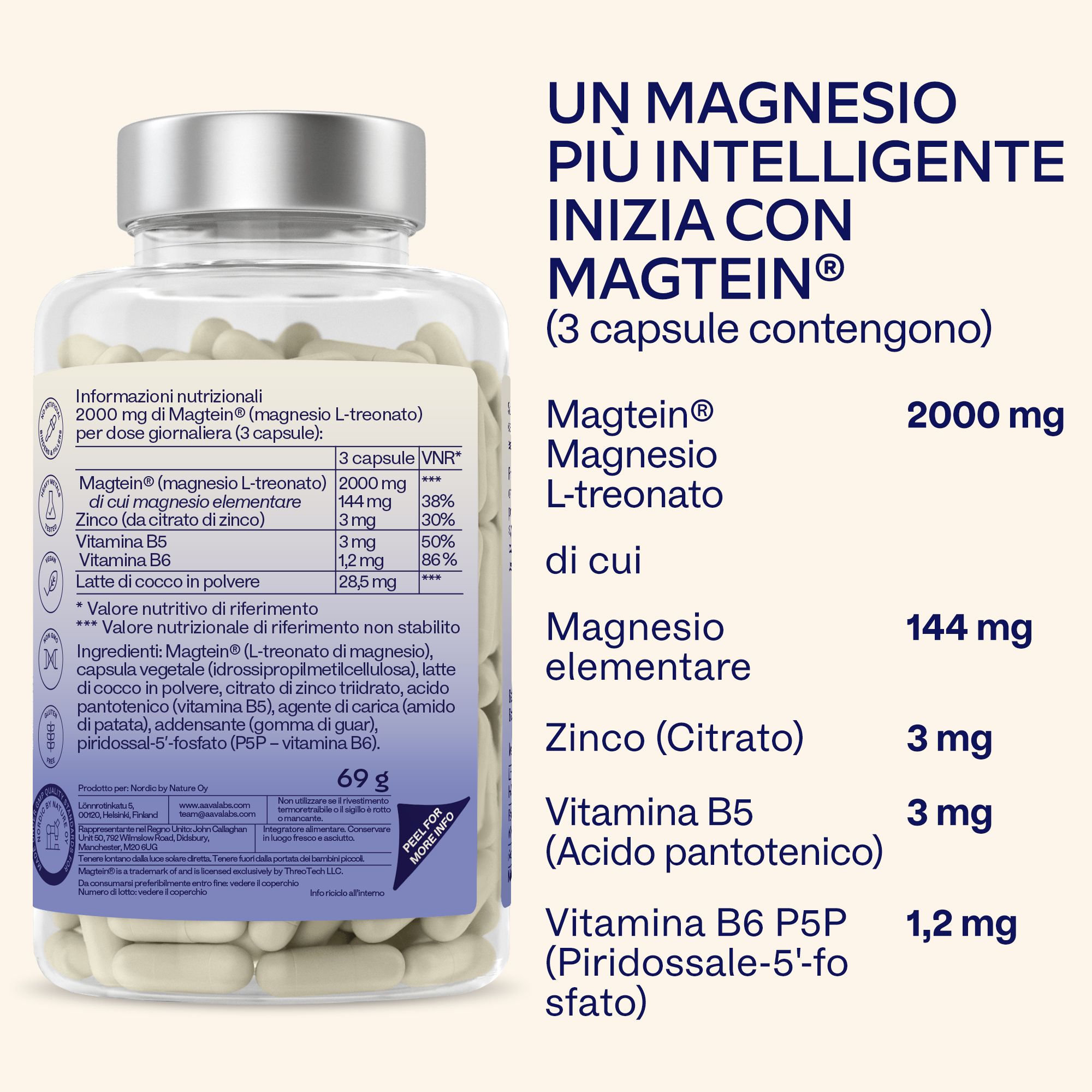 Informazioni nutrizionali e ingredienti Aavalabs Magnesium L-Threonat.