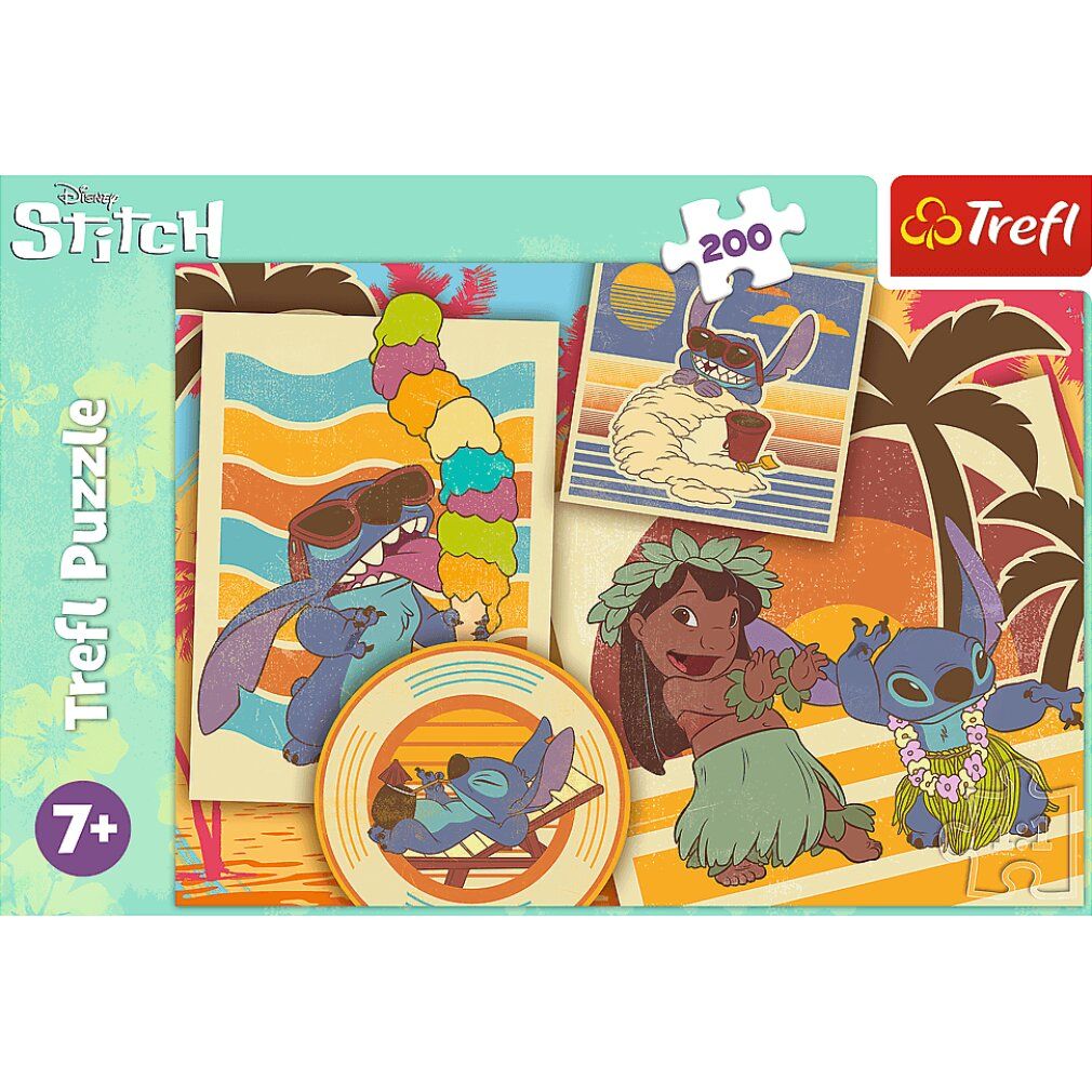 Scatola di puzzle con motivo Lilo & Stitch. La confezione mostra il design del puzzle finito. Marchio Trefl, 200 pezzi, dai 7 anni.