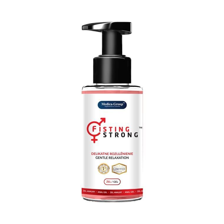 Flacone con dispenser a pompa, gel "Fisting Strong", scritta "Gentle Relaxation".