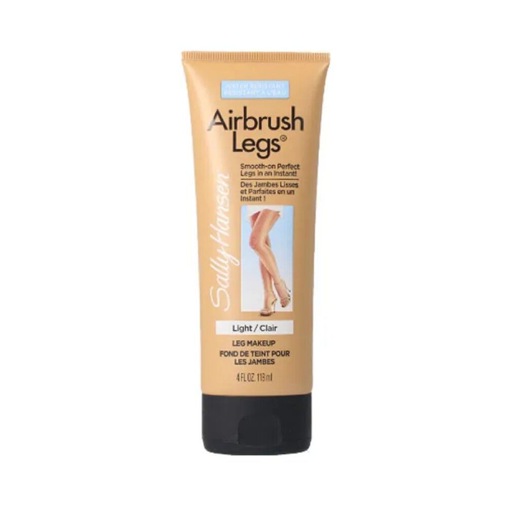 Tubo beige con tappo nero. Scritta: Airbrush Legs, Sally Hansen. Denominazione: Light/Clair. Illustrazione: gambe.