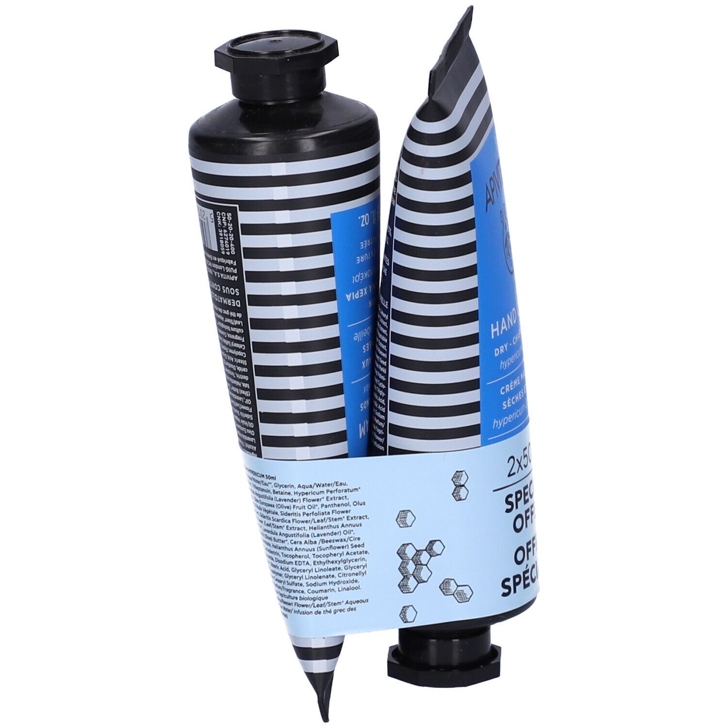 Due tubi di crema mani, parzialmente aperti, confezione blu e bianca. Scritta: APIVITA, Hand Cream, 2x50ml.