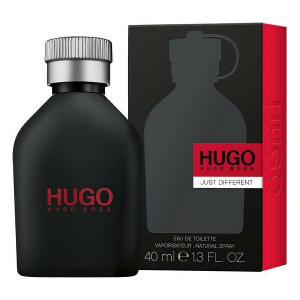 Flacone e confezione neri. Scritta rossa HUGO. Hugo Boss Just Different.