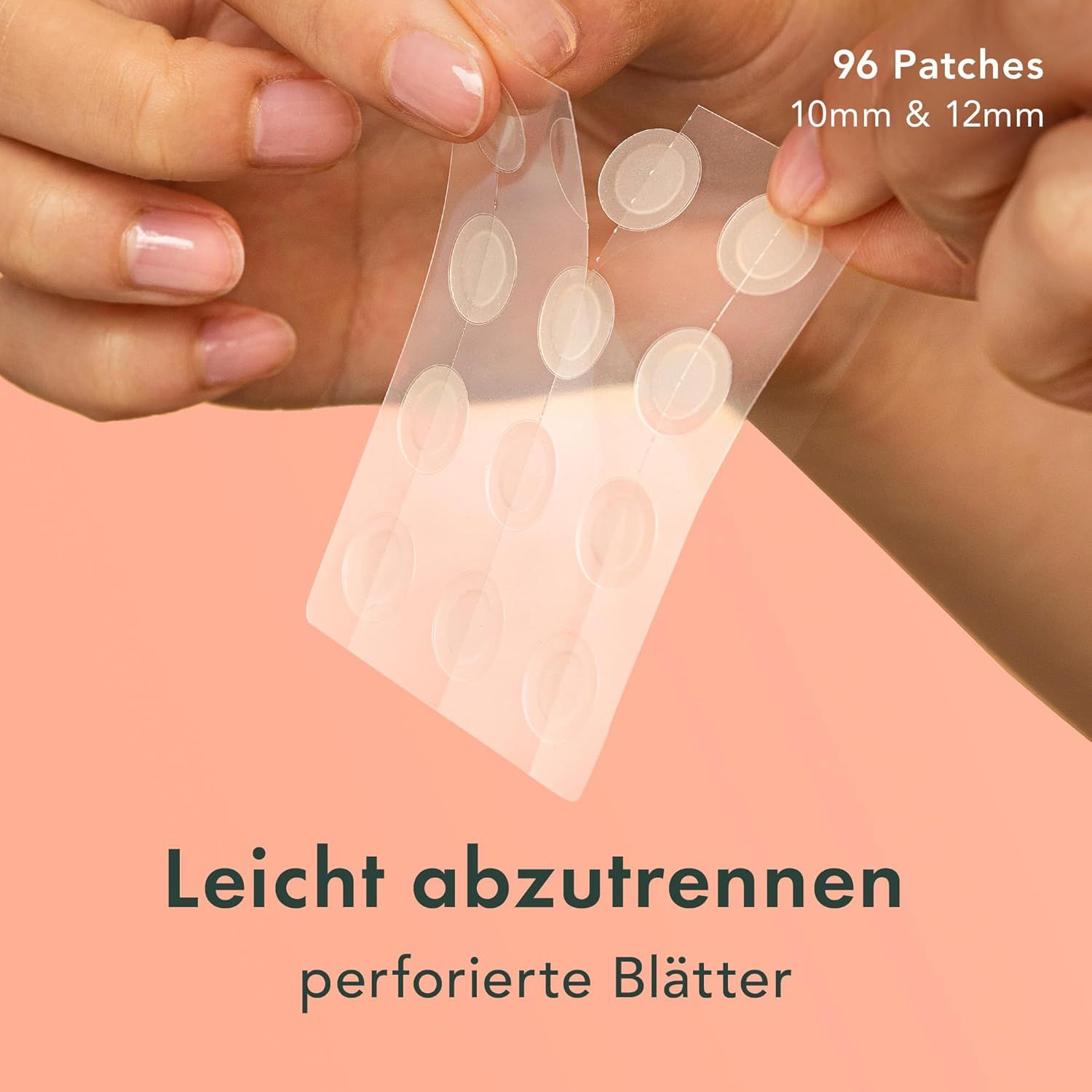 Fogli con cerotti trasparenti. Scritta: 96 cerotti, 10mm & 12mm. Testo: Facile da staccare, fogli perforati.
