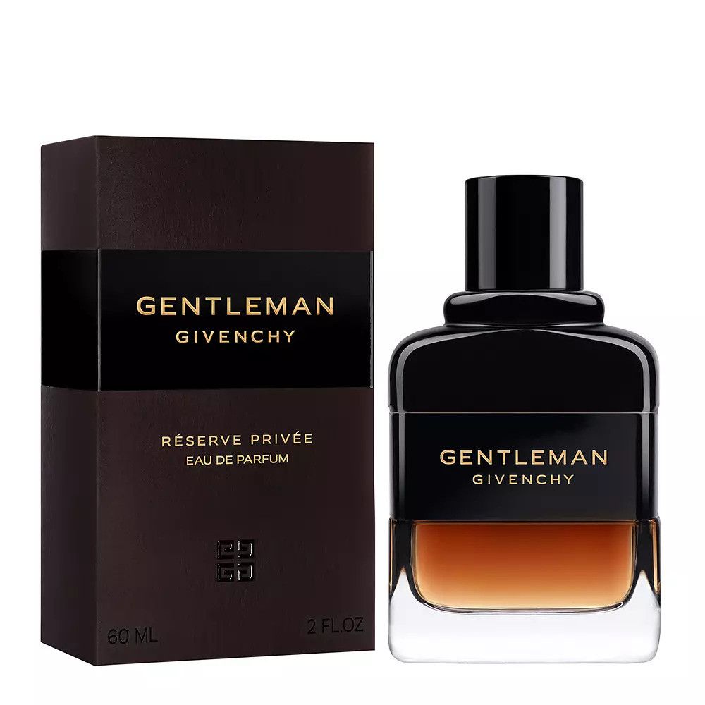 Givenchy Gentleman Réserve Privée Eau de Parfum. Flacone e confezione. Flacone nero con liquido marrone. 60 ml.
