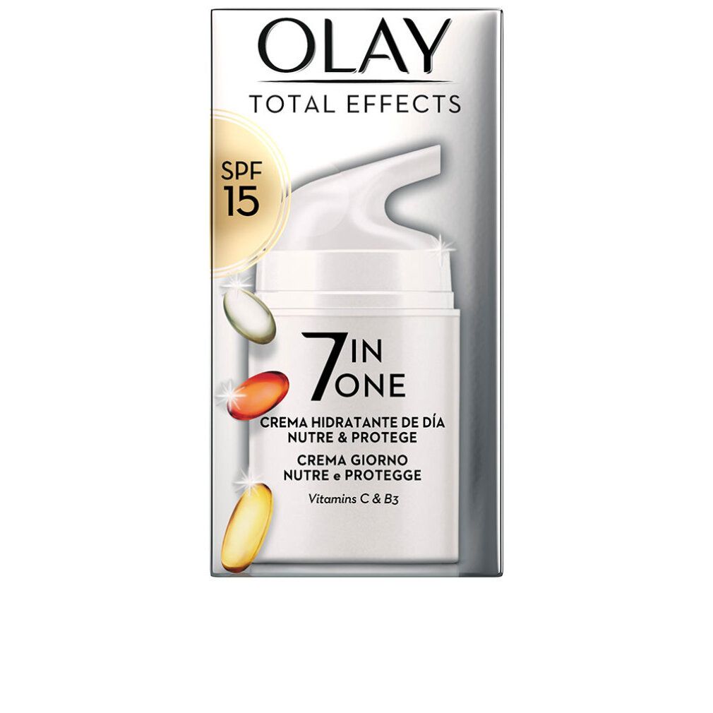 Confezione con immagine del prodotto. Olay Total Effects 7 in One, Day Moisturiser, SPF 15. Confezione bianca, immagine del prodotto, testo.