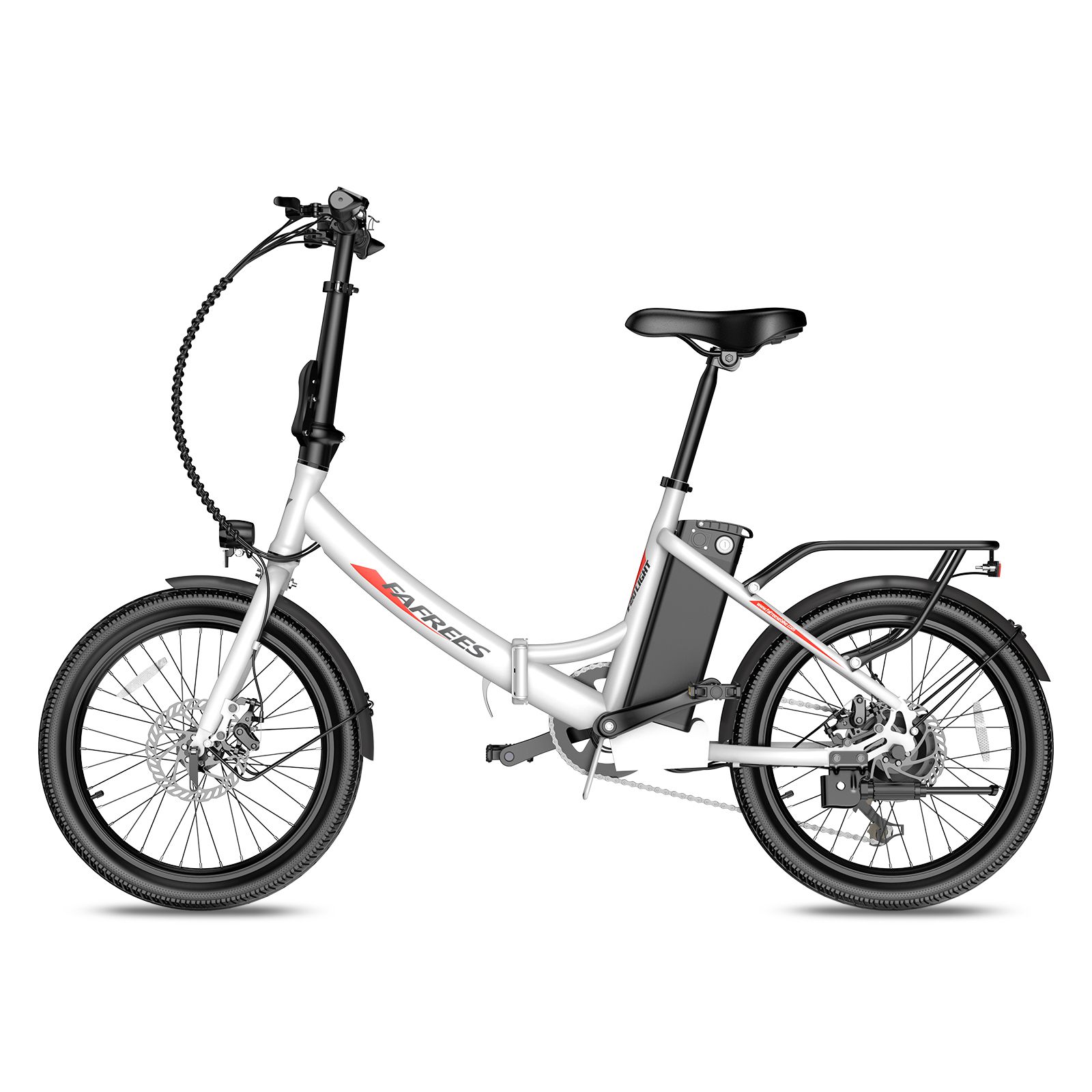 E-bike Fafrees F20Light argento. Sella, pneumatici e portapacchi neri. Batteria sul telaio.