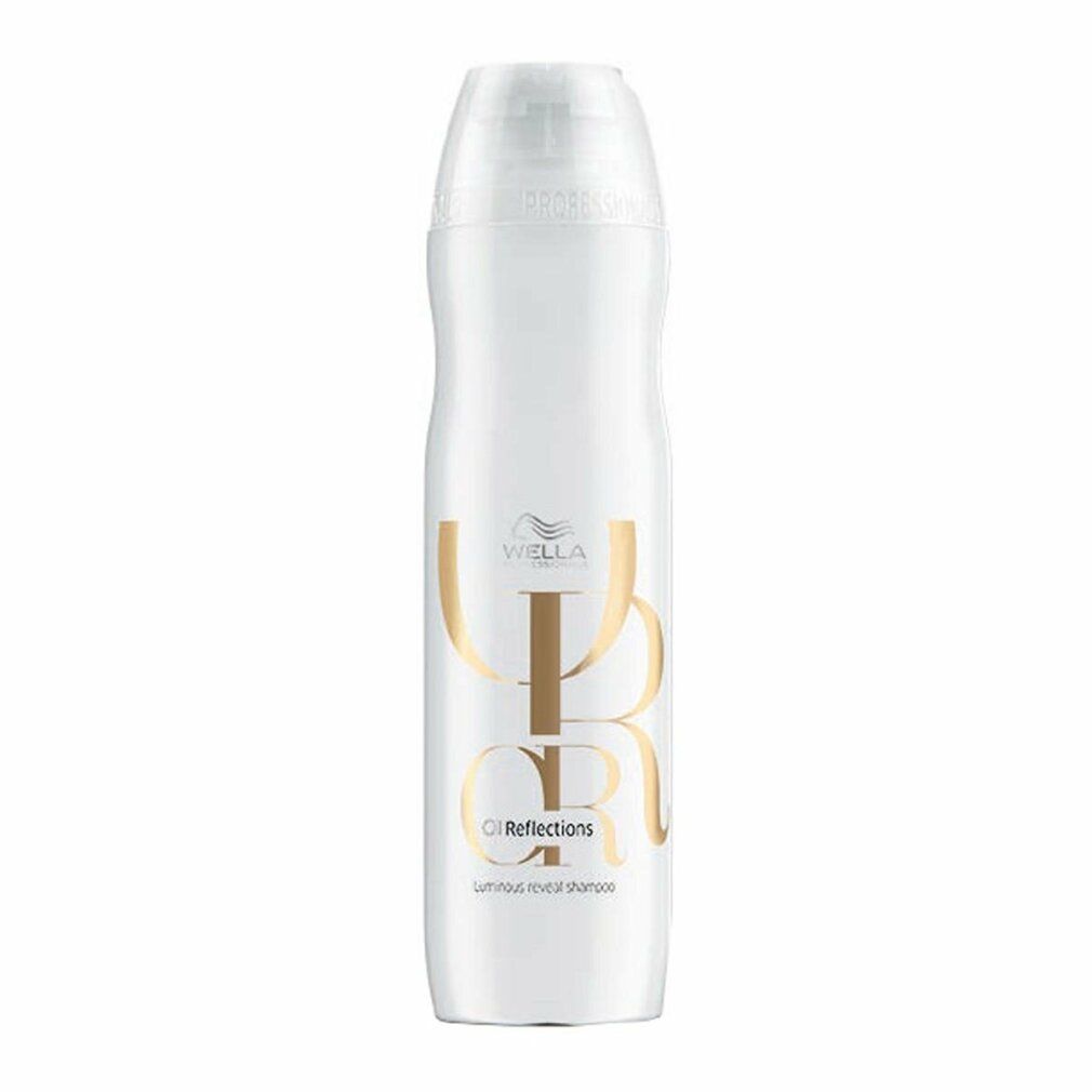 Flacone di shampoo bianco con logo e testo dorati. Scritta: Wella Oil Reflections Luminous Reveal Shampoo.