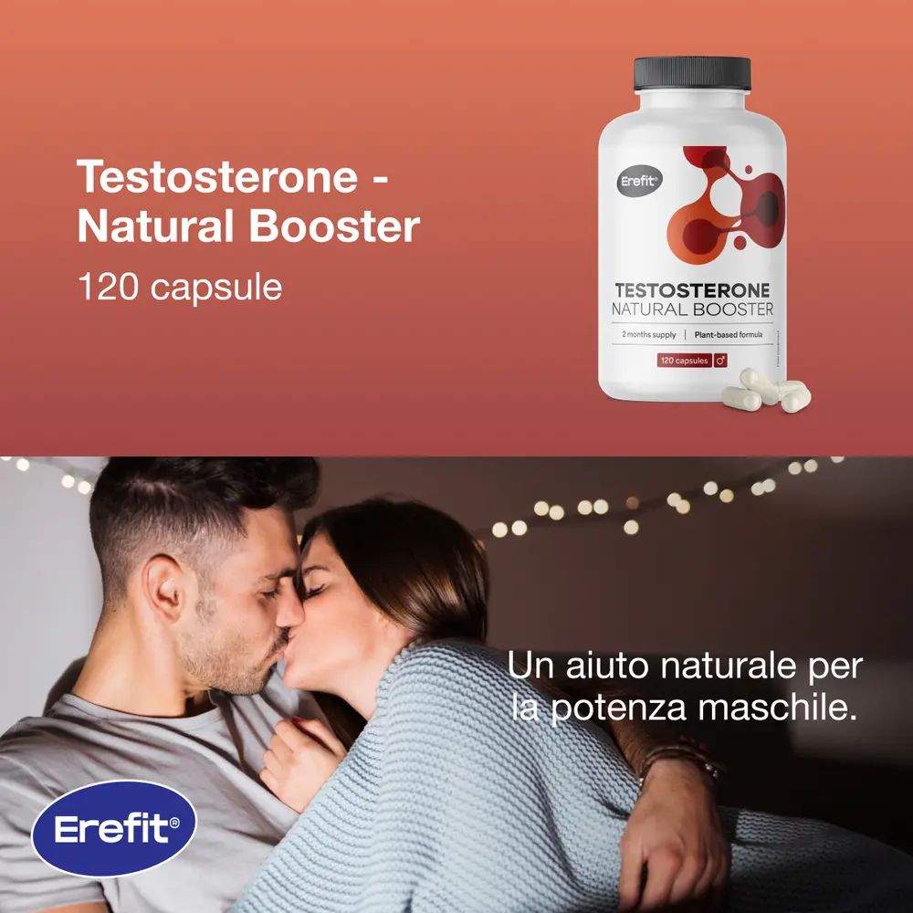 Coppia che si bacia, flacone di capsule. Scritta: Erefit, Testosterone Natural Booster, 120 capsule.