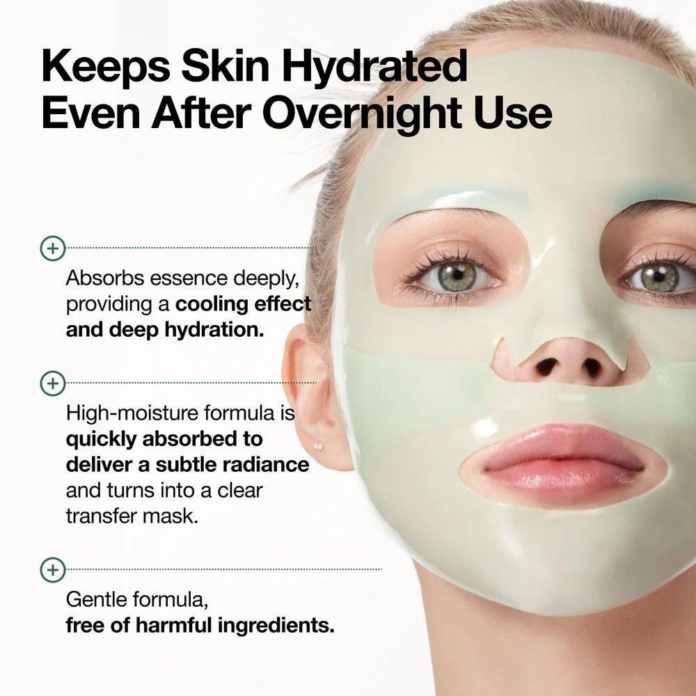 Viso con maschera. La maschera copre il viso. Testo sull'idratazione. Occhi e labbra visibili.