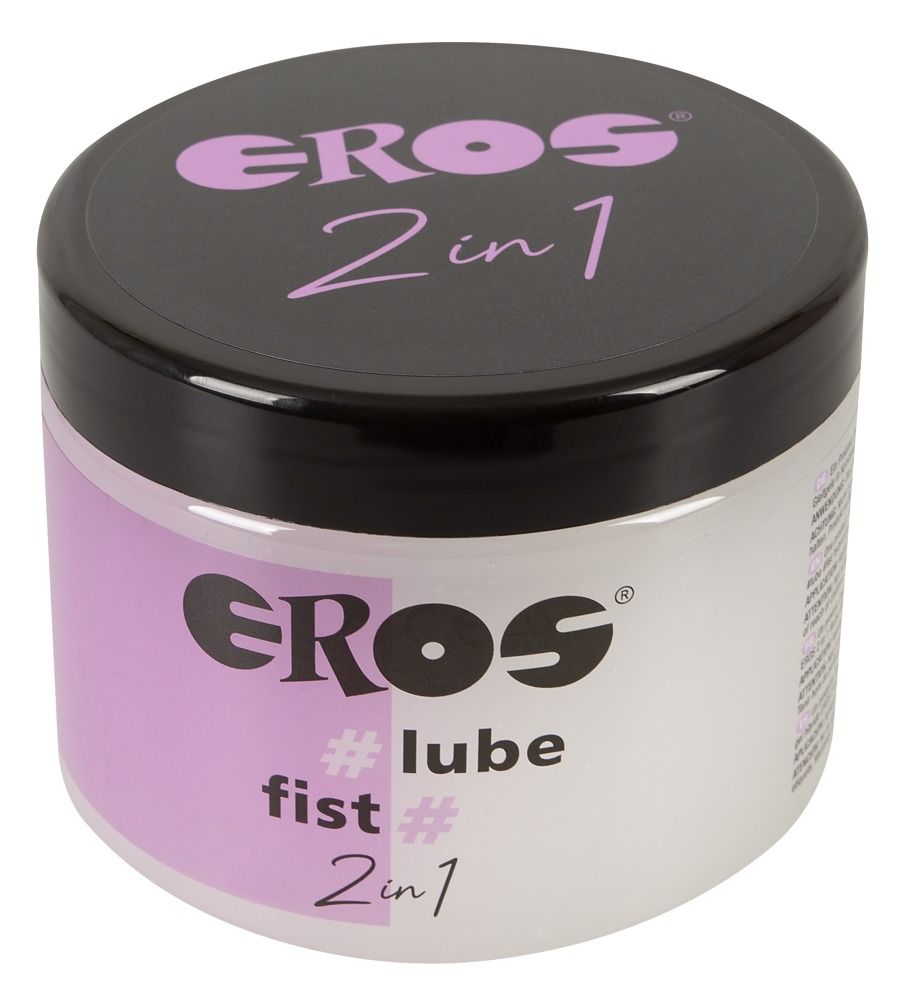 EROS 2in1 #lube fist Lubrificante ibrido in un barattolo trasparente con coperchio nero, coperchio aperto.