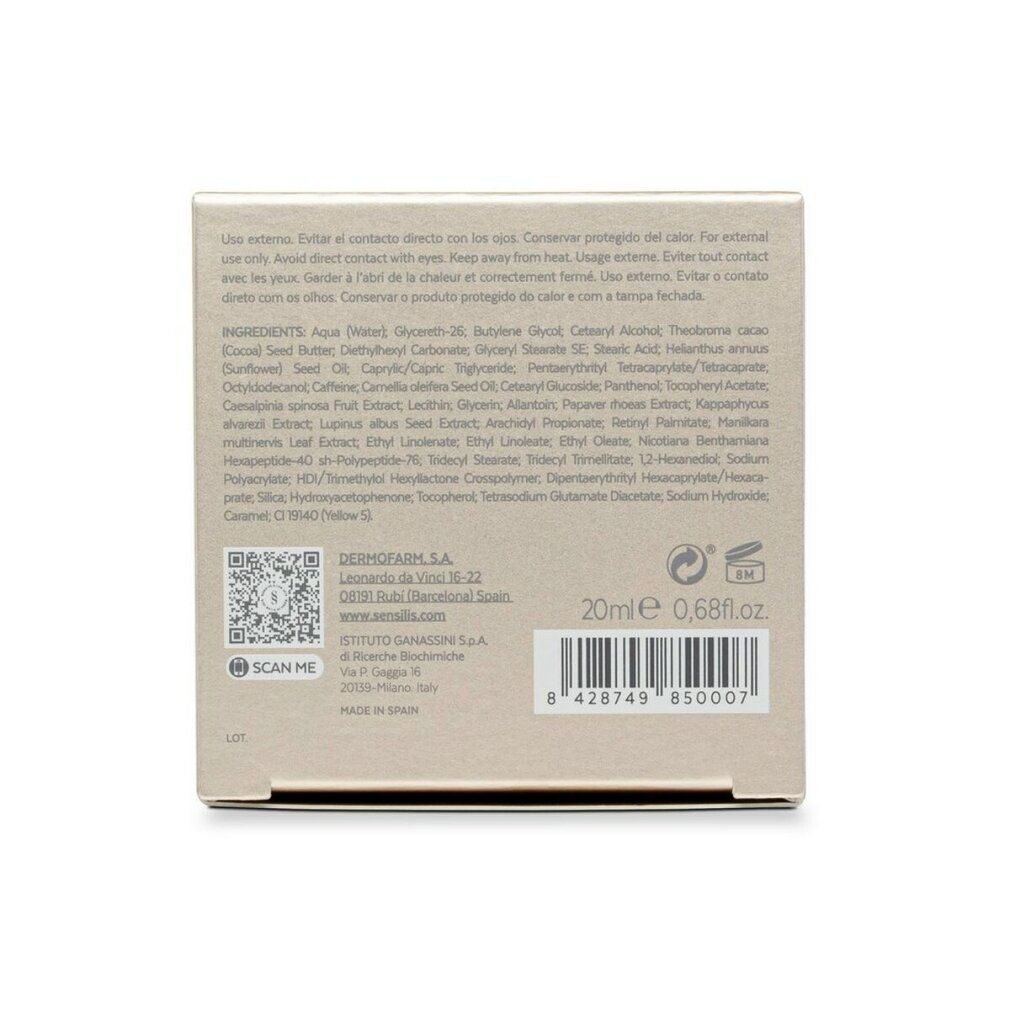 Scatola con informazioni prodotto. Ingredienti, 20ml, codice a barre, indirizzo produttore, avvertenze, codice QR, logo Sensilis.