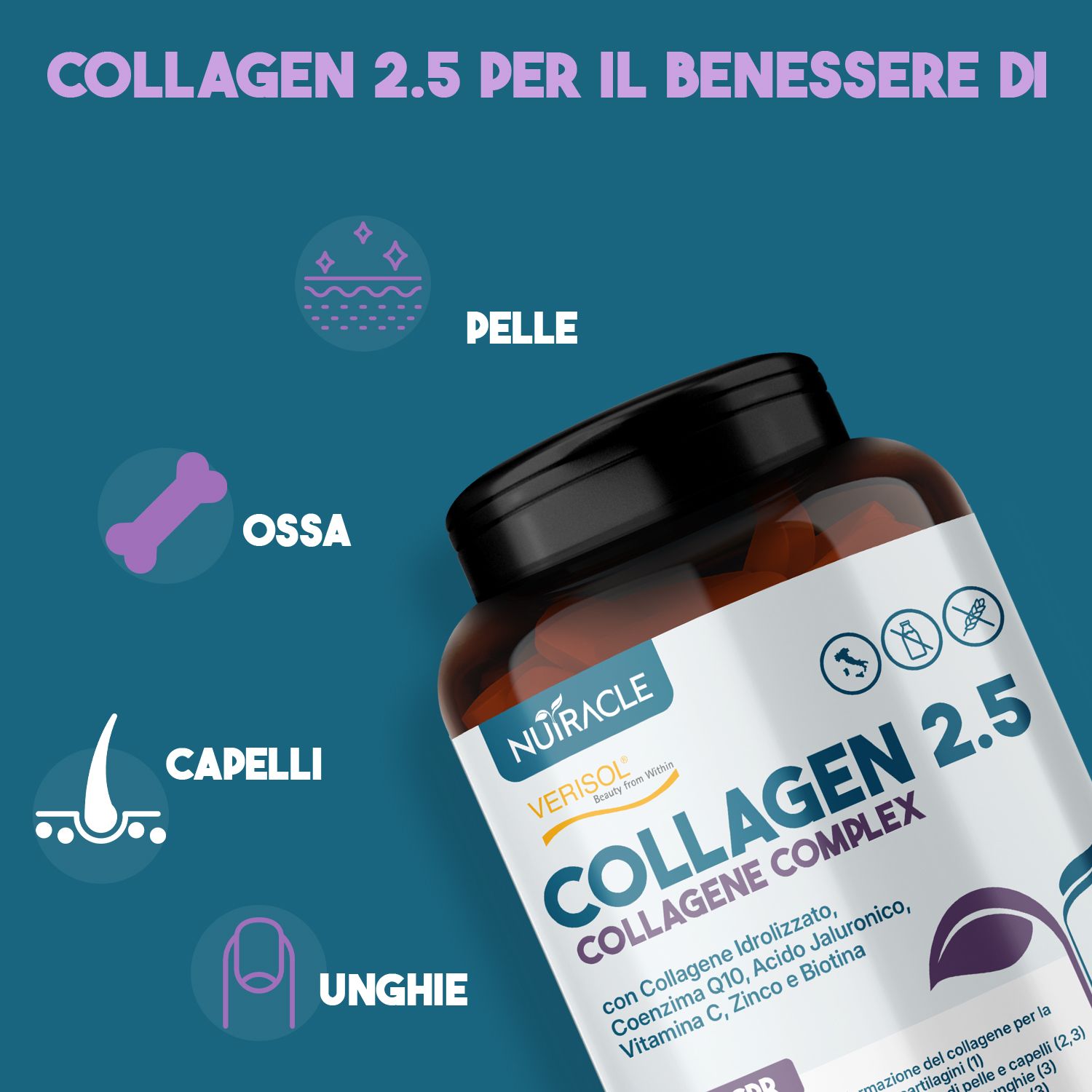 Barattolo Nutracle Collagene 2.5 con icone per pelle, ossa, capelli e unghie. Per il benessere di pelle, ossa, capelli e unghie.