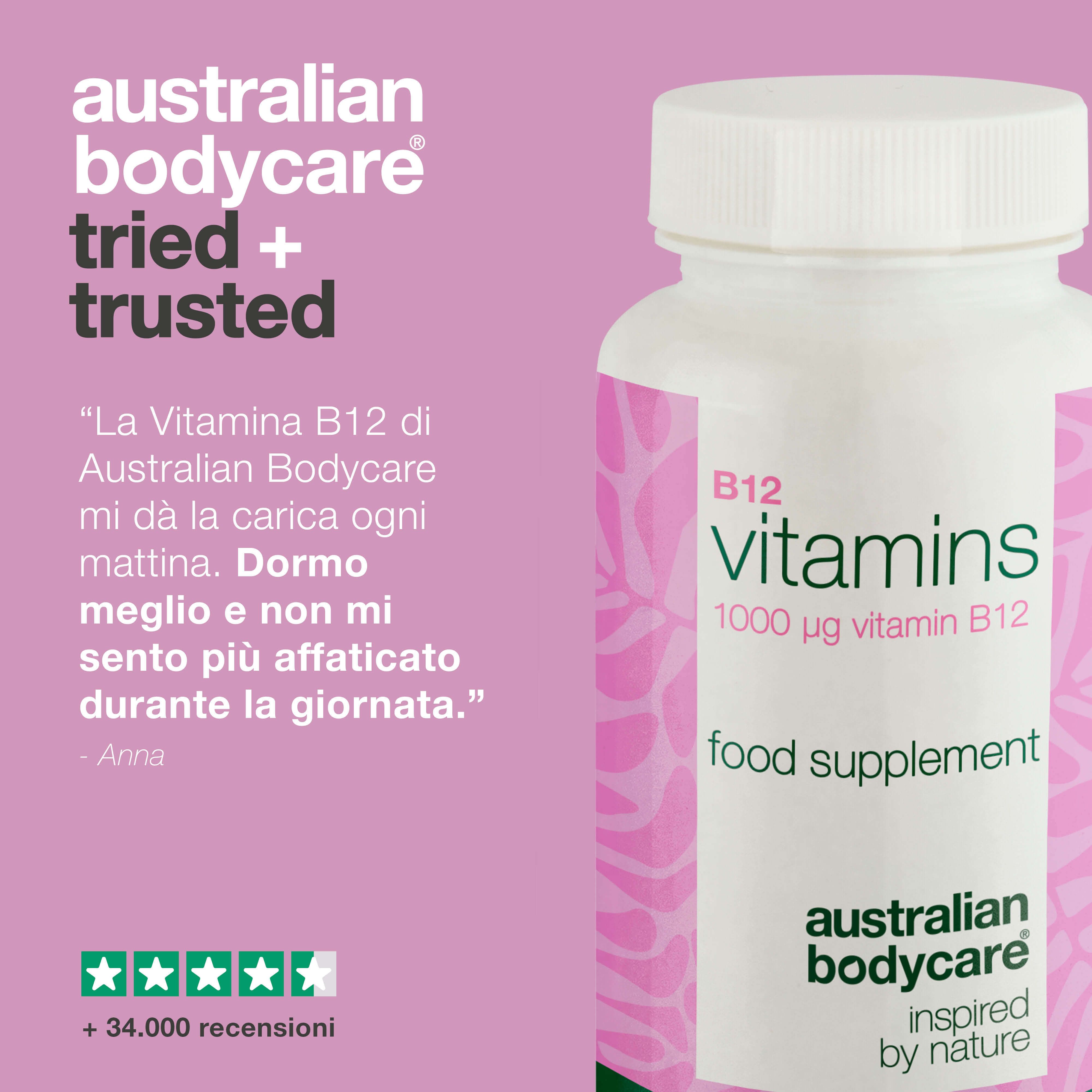 Flacone B12, 1000 µg, 90 capsule. Citazione: 'Mi dà energia'. +34.000 recensioni. Australian Bodycare.