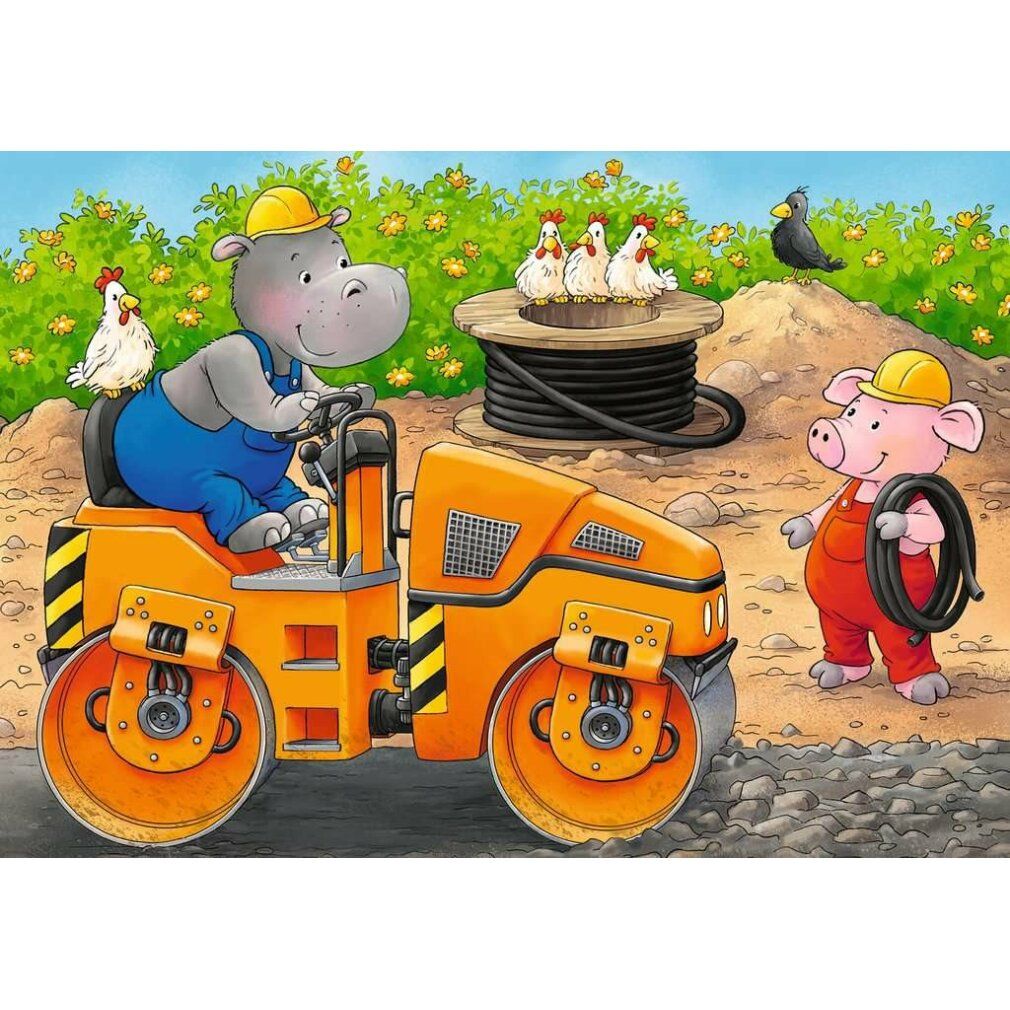 Puzzle con un ippopotamo su un rullo compressore. Sono raffigurati anche polli e un maiale.