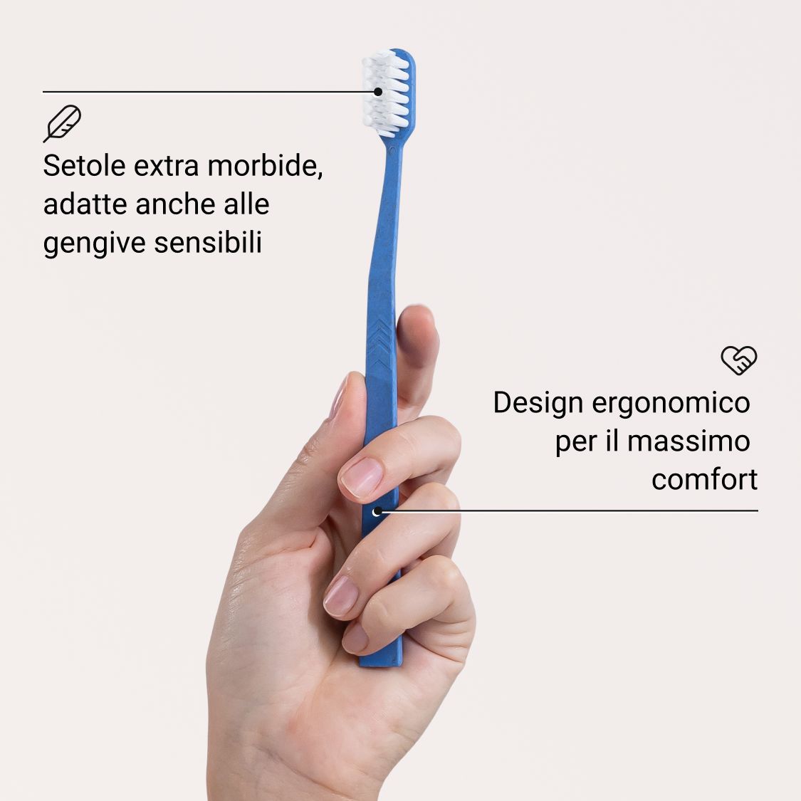 Spazzolino blu con testo: Setole extra morbide, design ergonomico.