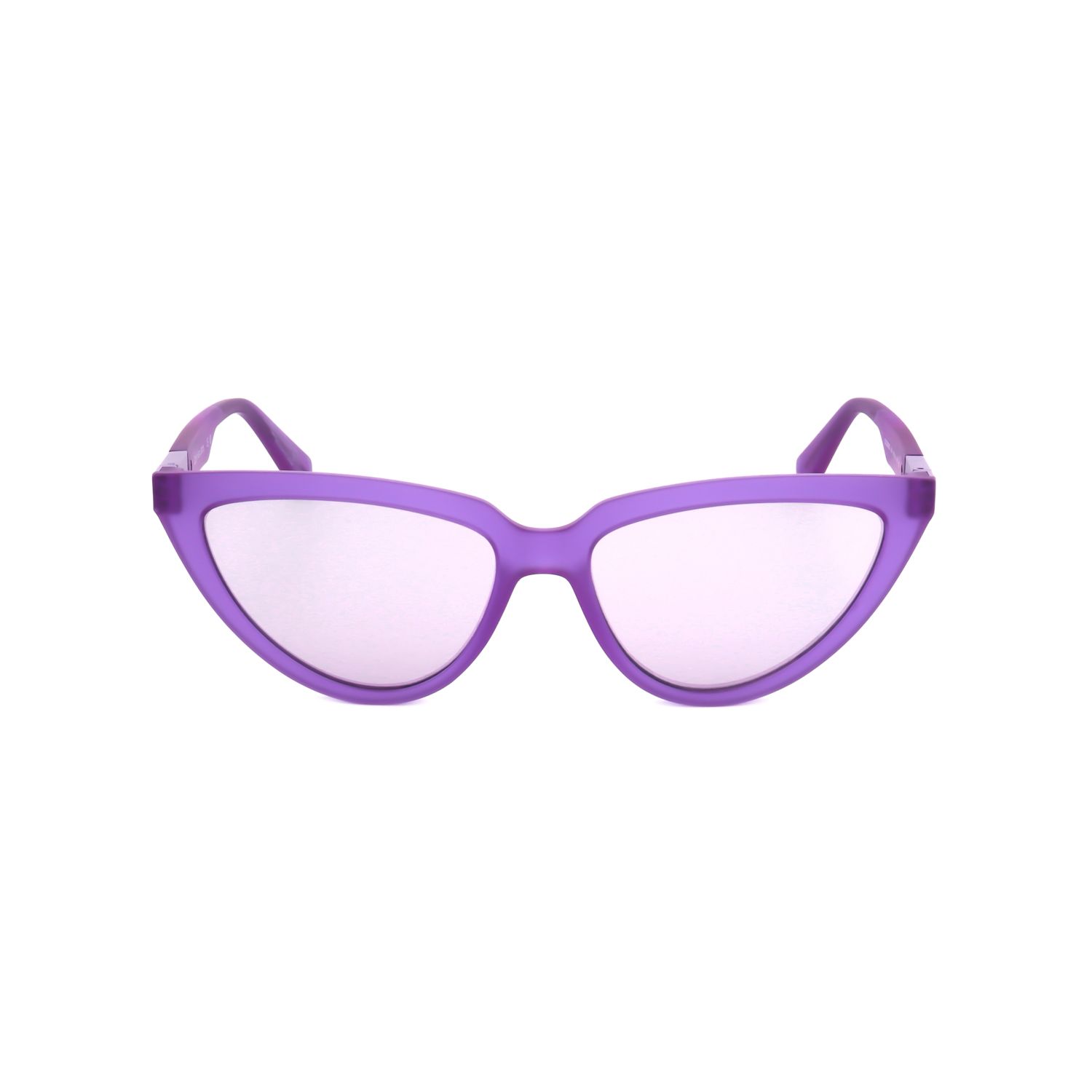 Occhiali da sole viola a gatto in plastica opaca con logo CK argentato sul braccio.
