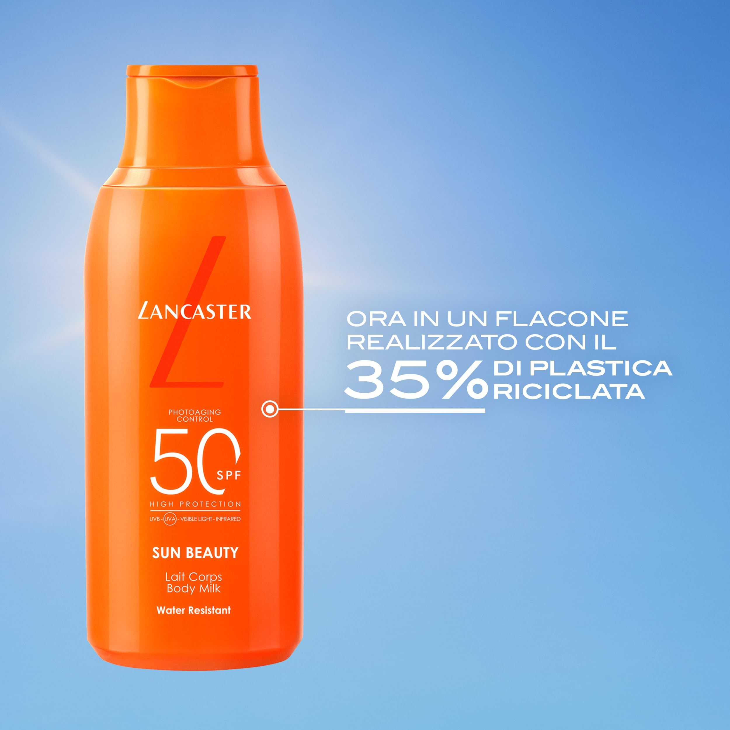 Flacone arancione di latte solare. Testo: Lancaster, 50 SPF, Sun Beauty, Body Milk. Testo: 35% di plastica riciclata.