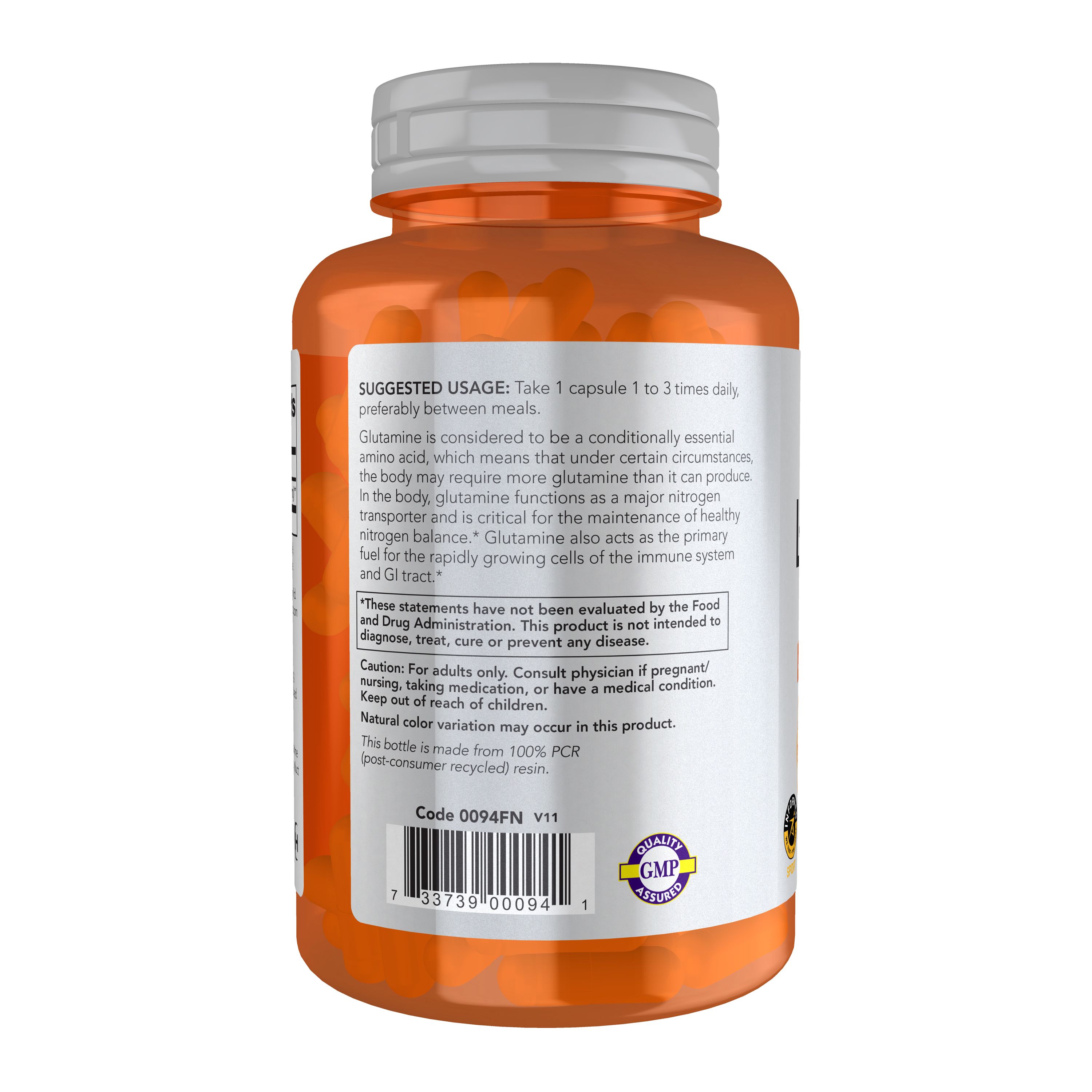 Retro di una bottiglia di capsule di L-Glutamina con informazioni nutrizionali e istruzioni per l'uso.