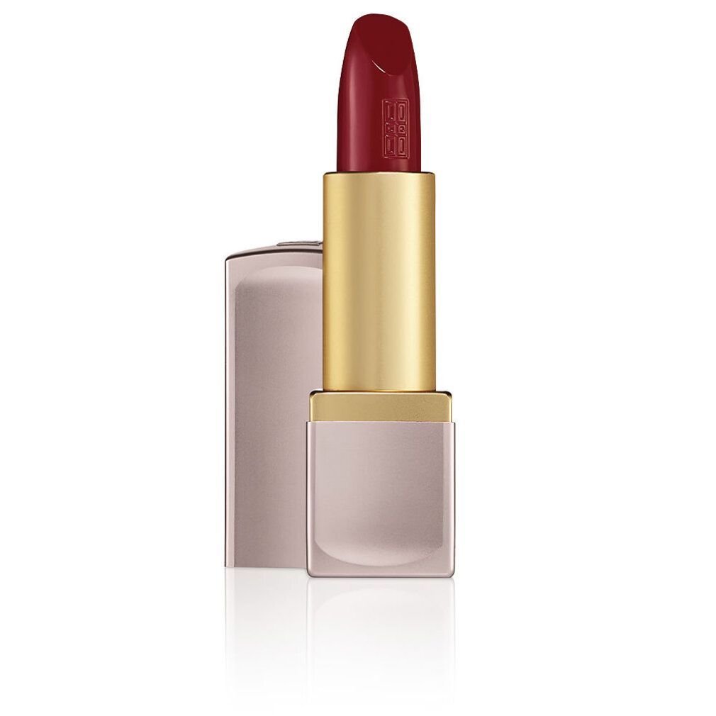 Rossetto rosso. Corpo dorato, astuccio rosa. Nome del prodotto non visibile.