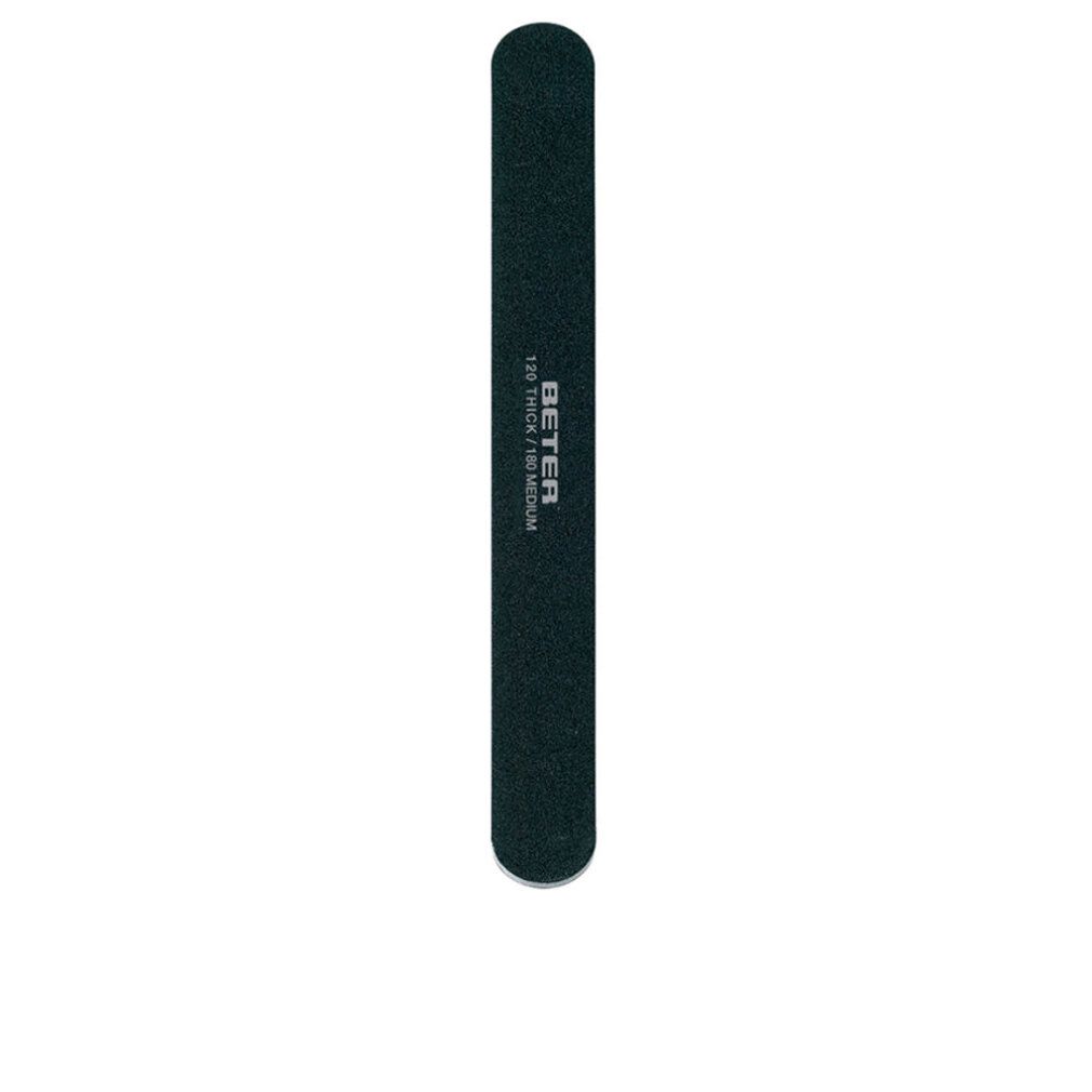 Lima per unghie nera. Forma rettangolare con estremità arrotondate. Scritta: Beter. Testo: 180 Thick / 180 Medium.
