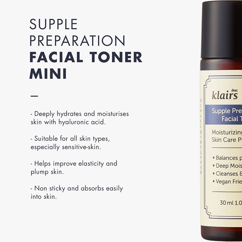 Flacone del prodotto accanto al testo. Testo: Supple Preparation Facial Toner Mini. Ingredienti.