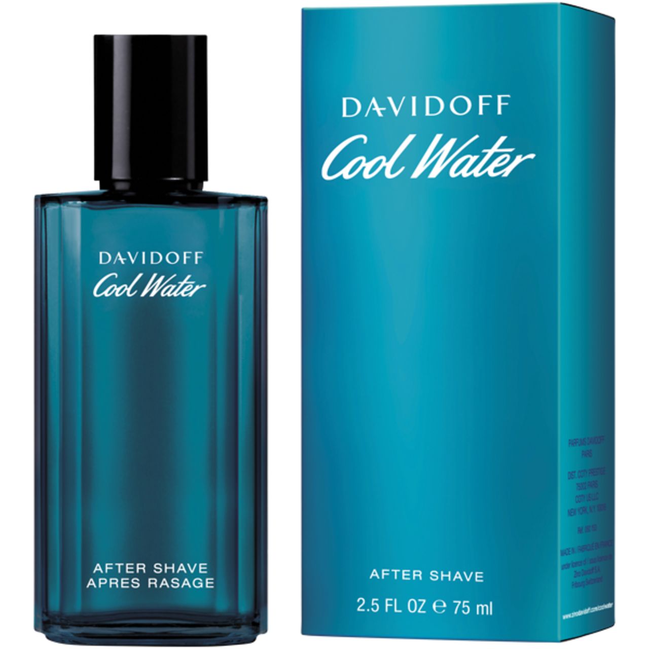 Flacone e confezione Davidoff Cool Water After Shave. Vetro blu, tappo nero. Scritta.