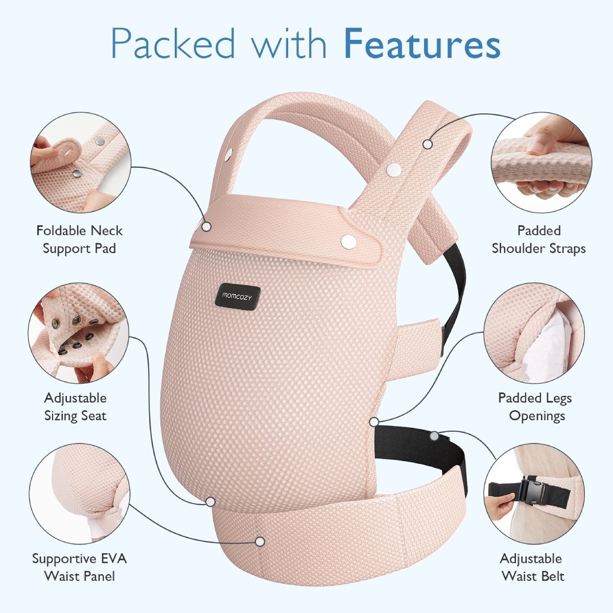Marsupio rosa con caratteristiche: cuscino di supporto per il collo pieghevole, spallacci imbottiti, seduta regolabile, aperture per le gambe imbottite, cintura. Logo Momcozy.