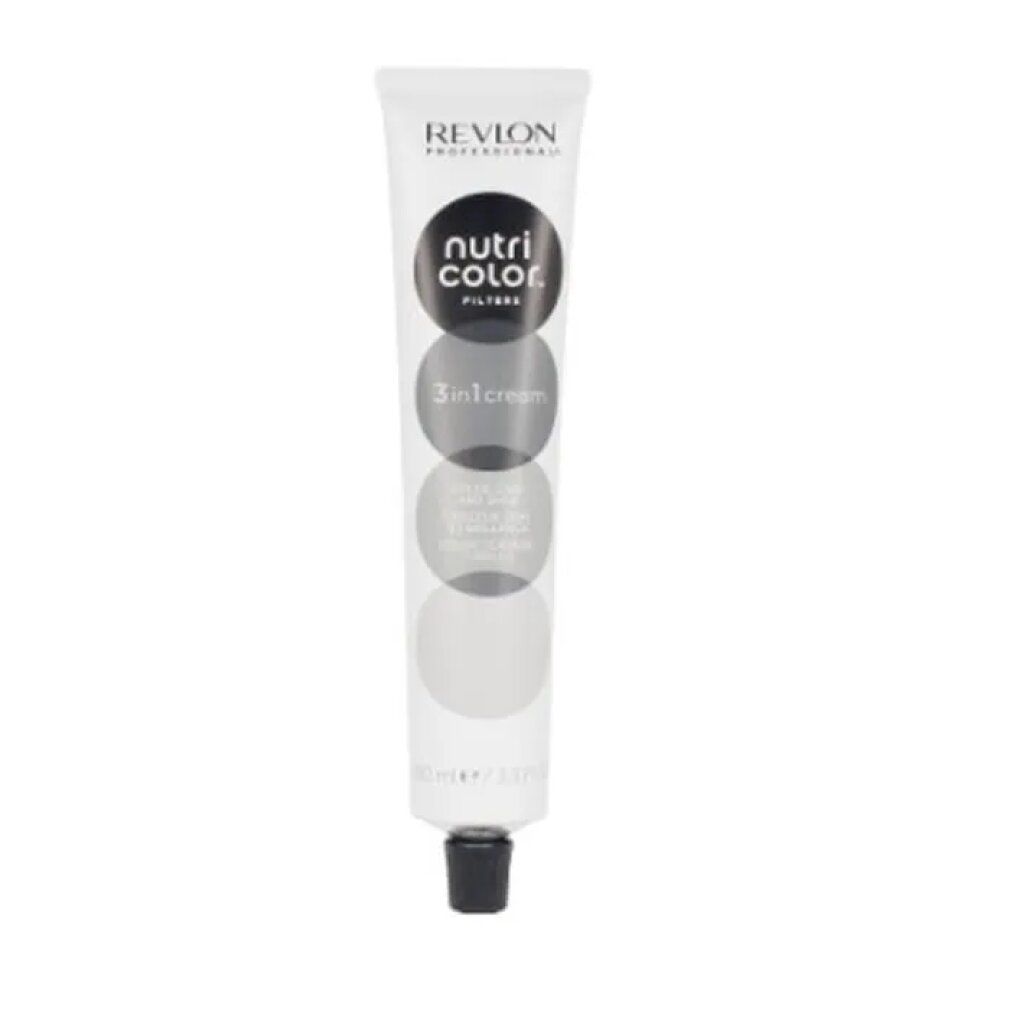Tubo bianco con tappo nero. Scritta: Revlon Nutri Color Filters. 100ml.