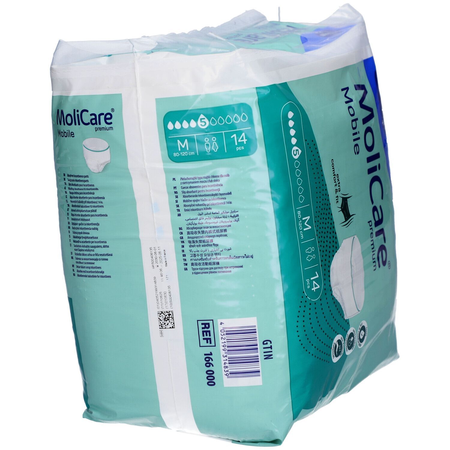 Confezione di Hartmann MoliCare Mobile Premium Pants. Taglia M, 88 cm, 14 pezzi. Verde e bianco. Logo Hartmann.