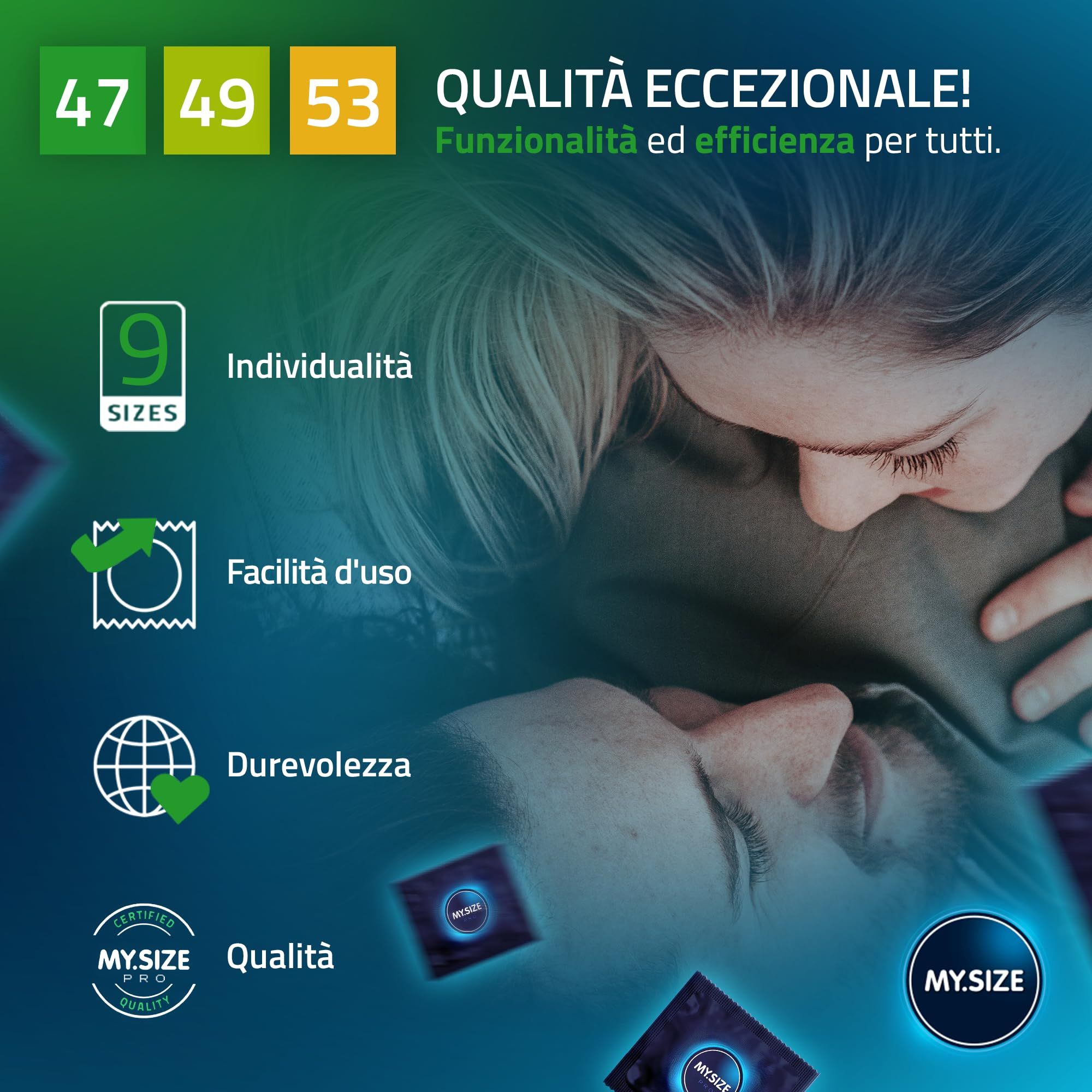 Coppia che si abbraccia, circondata da confezioni di preservativi My.Size PRO e preservativi singoli.