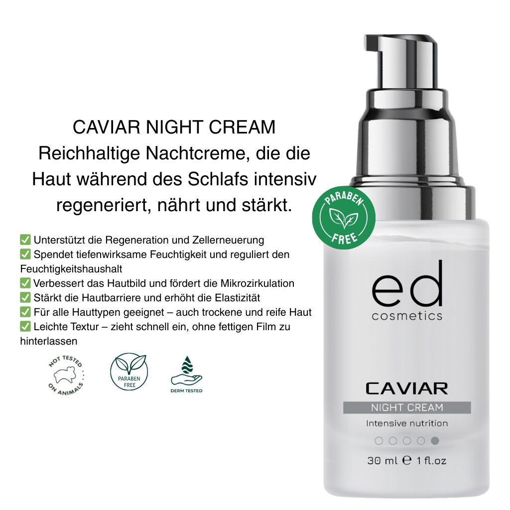 Flacone di crema con erogatore argentato. Testo: ED cosmetics, Caviar Night Cream, 30 ml, 1 fl.oz. Senza parabeni.