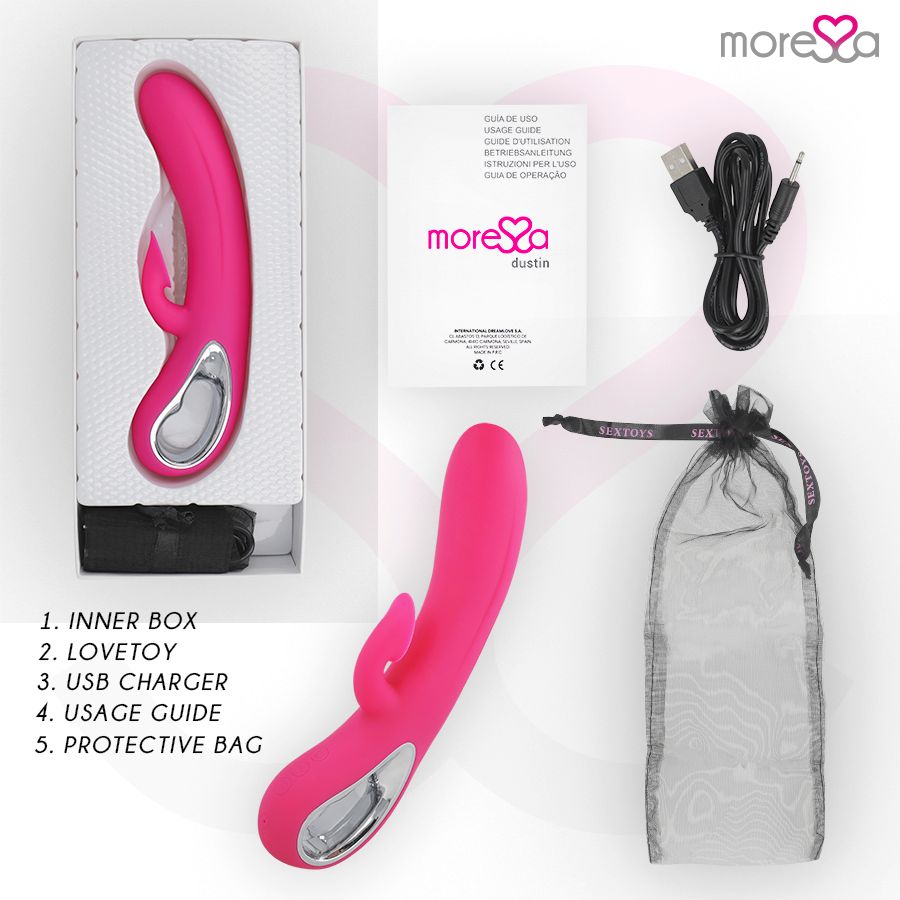 Set prodotto: Lovetoy, scatola, caricatore USB, guida, sacchetto. Lovetoy rosa visibile.