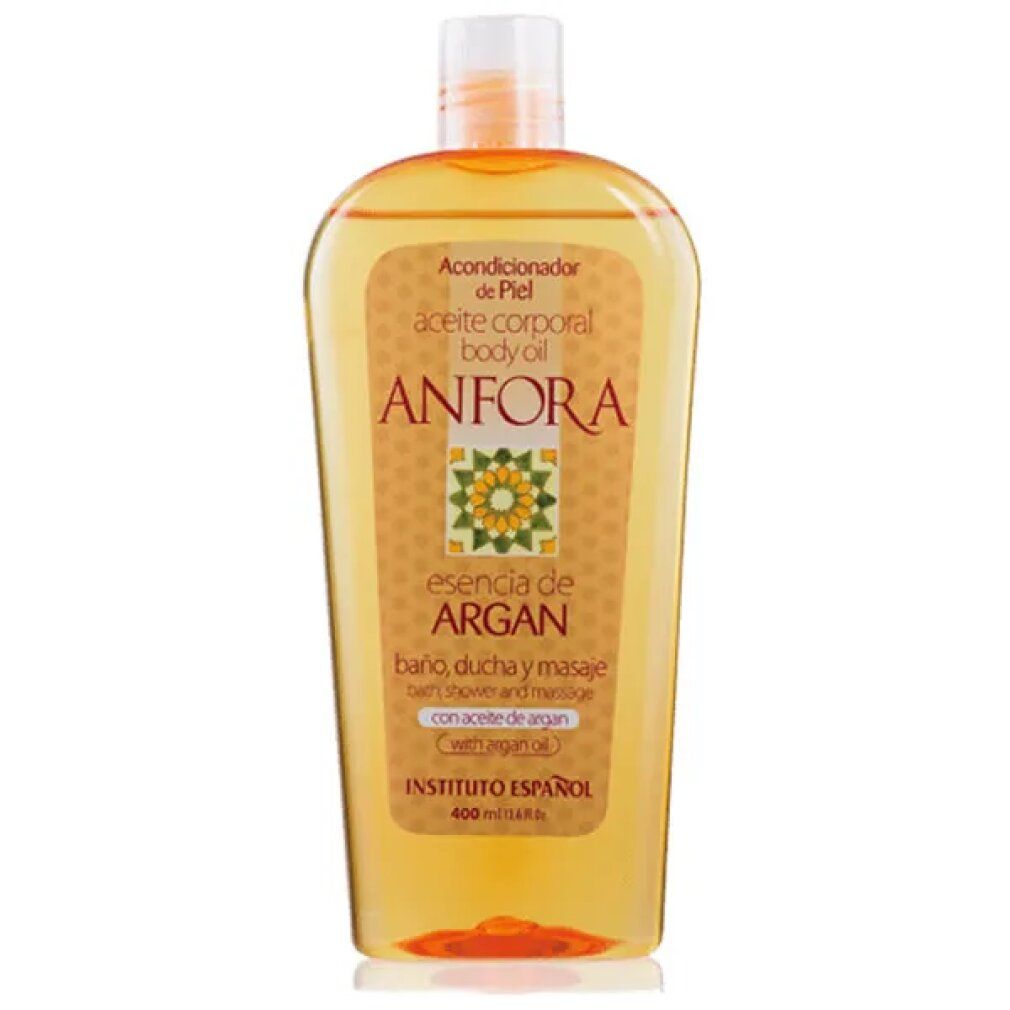 Olio di Argan Anfora. Bottiglia di olio giallo. Scritta Instituto Español, olio di Argan, per bagno, doccia e massaggio.