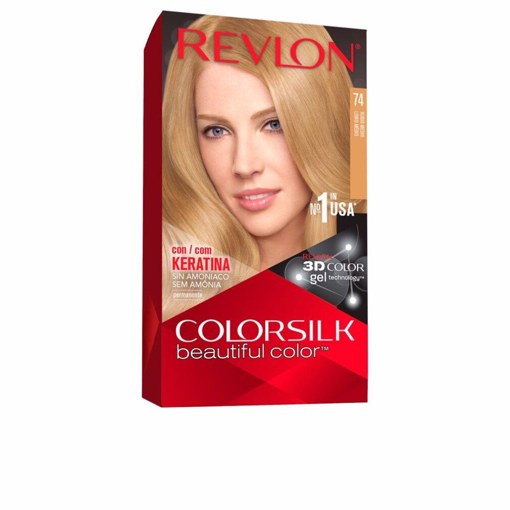 Confezione Revlon Colorsilk 74 Blond Moyen. Donna bionda sulla confezione. Con cheratina, tecnologia 3D Color Gel.