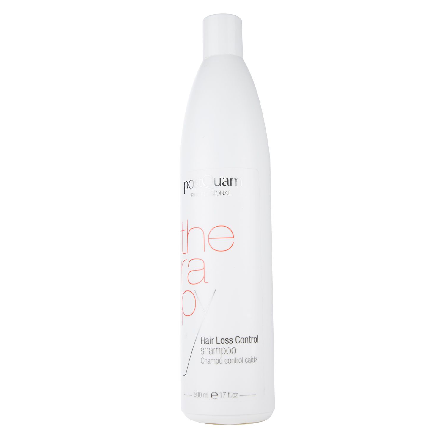 Flacone bianco con testo rosso. Testo: Hair Loss Control Shampoo. Volume: 500 ml.