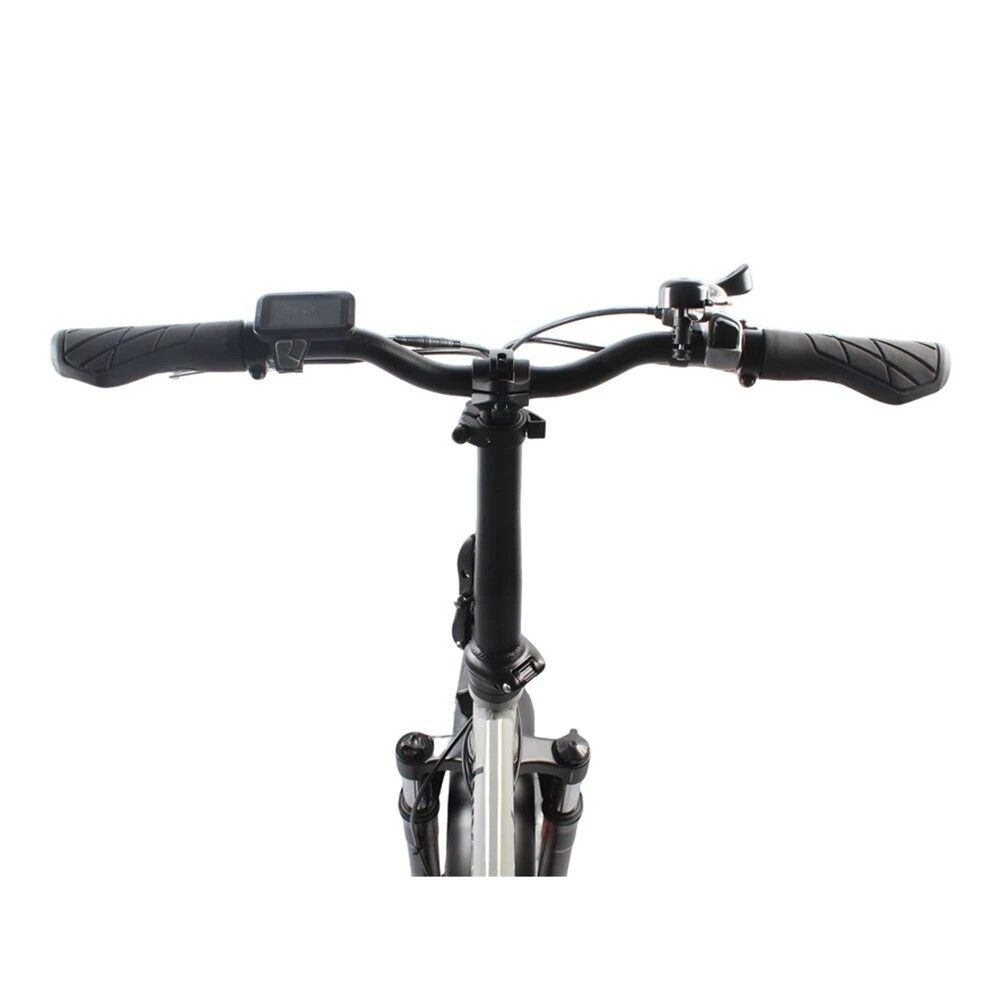 Manubrio della bici con manopole, campanello e display. Colore nero.