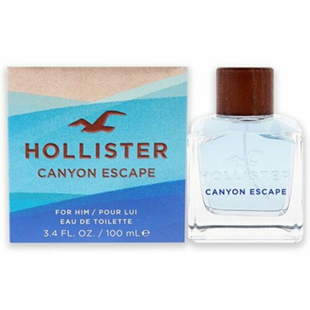 Flacone e confezione. Flacone con liquido azzurro e tappo in legno. Confezione con scritta: Hollister Canyon Escape.